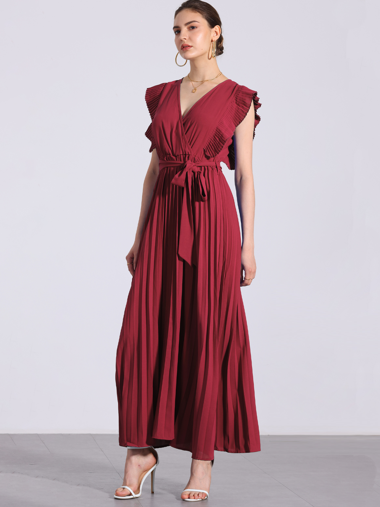 V Neck Short Sleeves Lace-Up Belted Pleated Maxi Dress Red/2XL