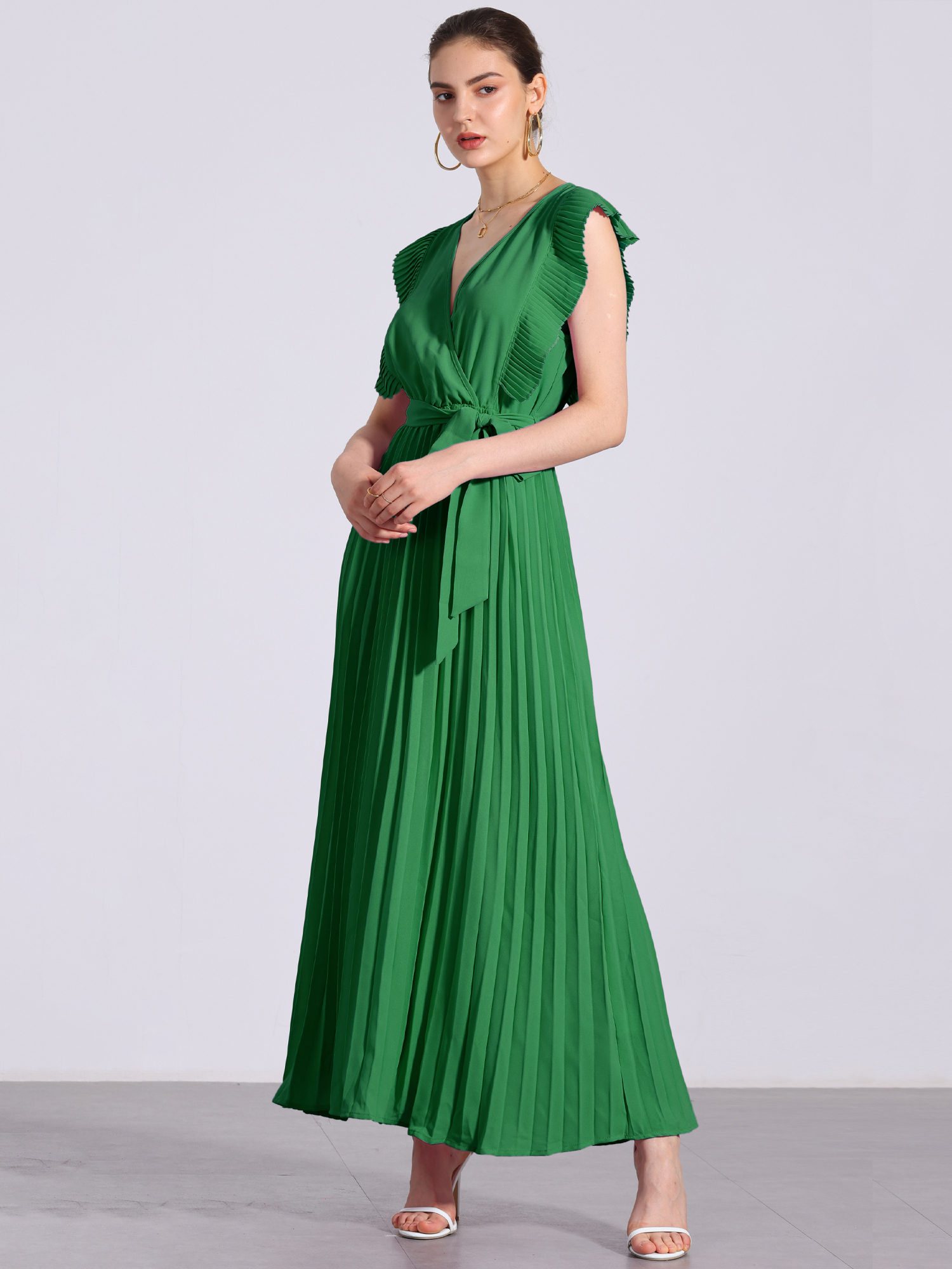 V Neck Short Sleeves Lace-Up Belted Pleated Maxi Dress Green/XL