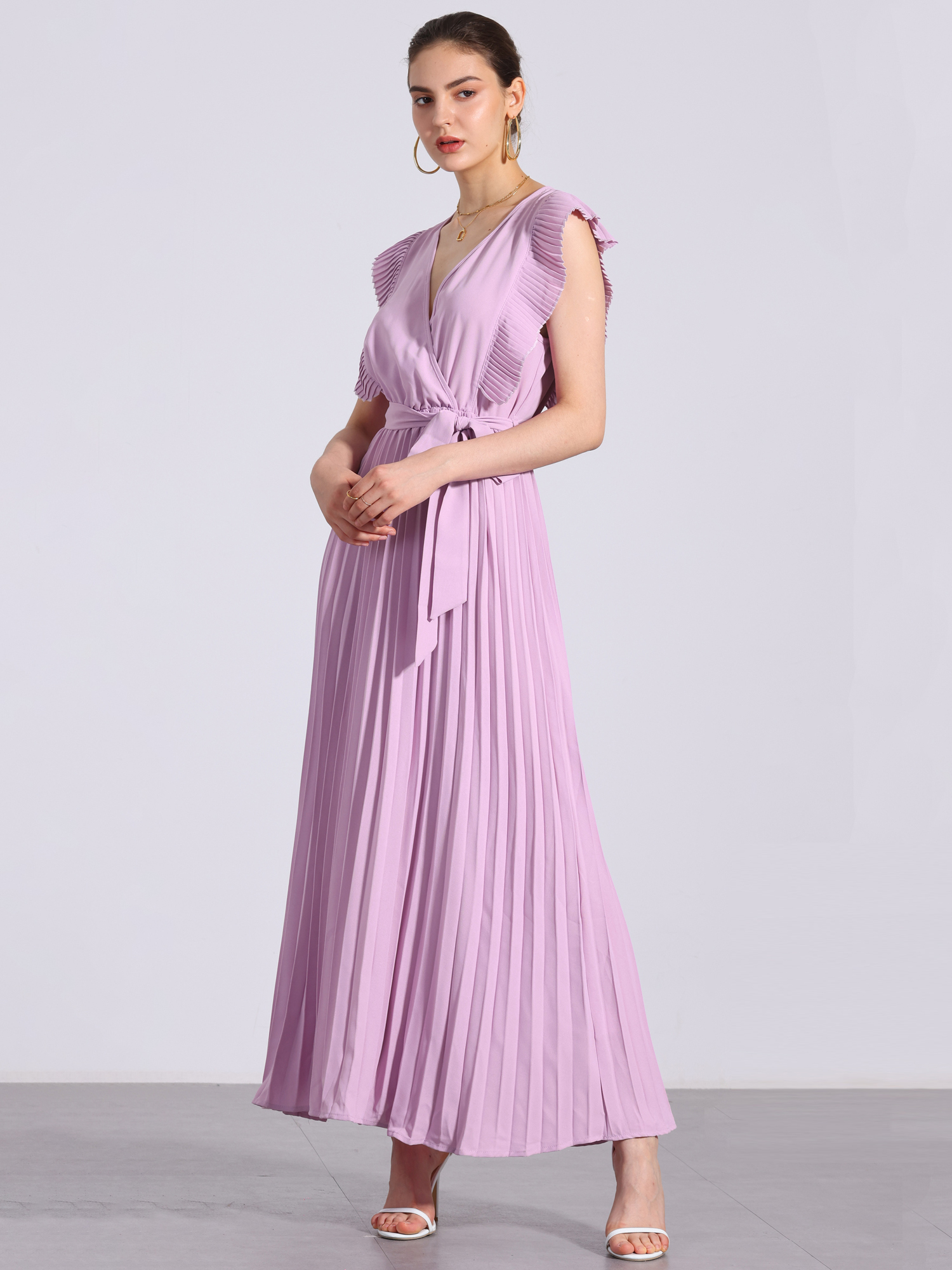 V Neck Short Sleeves Lace-Up Belted Pleated Maxi Dress Purple/2XL