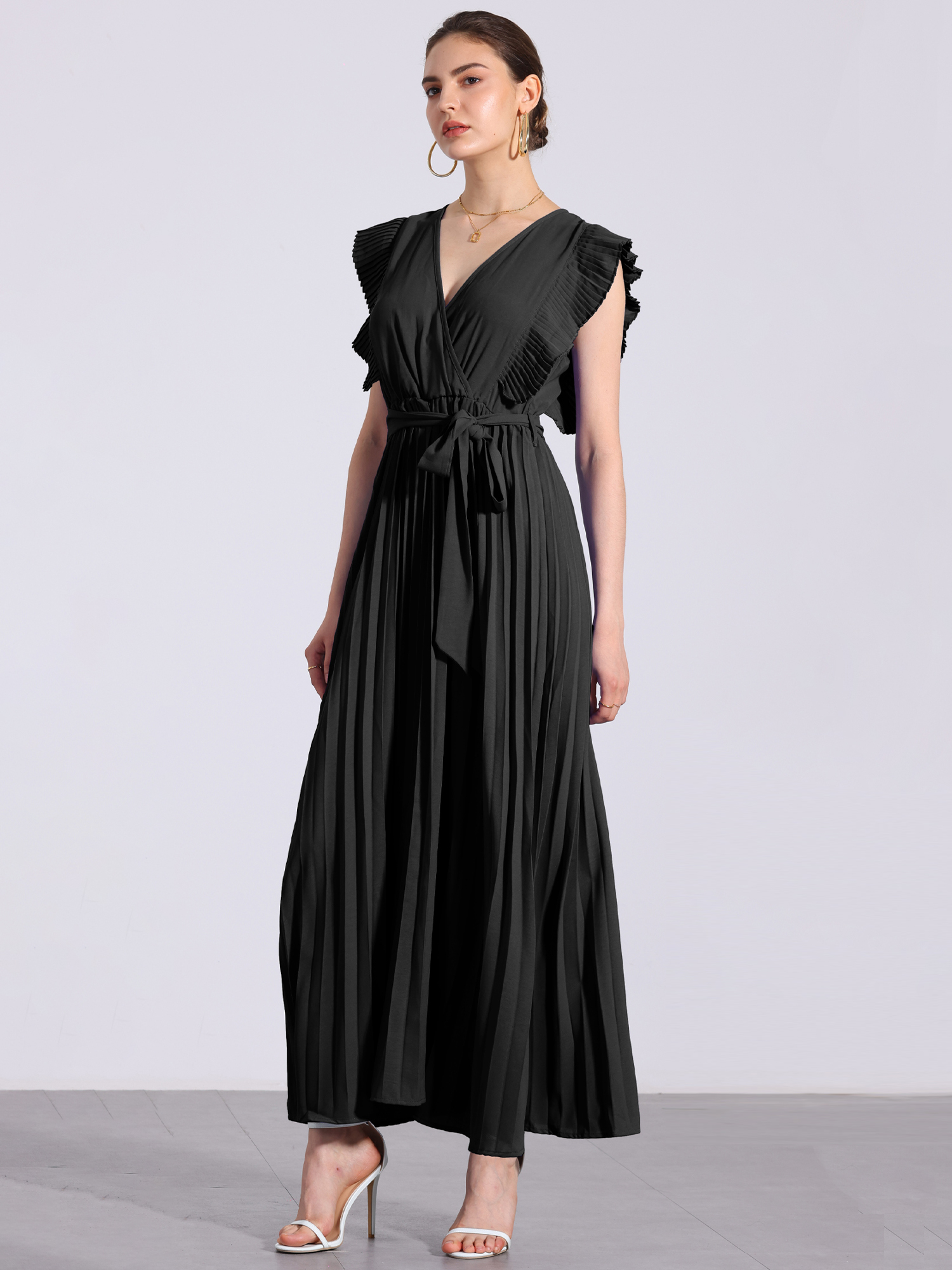 V Neck Short Sleeves Lace-Up Belted Pleated Maxi Dress Black/L