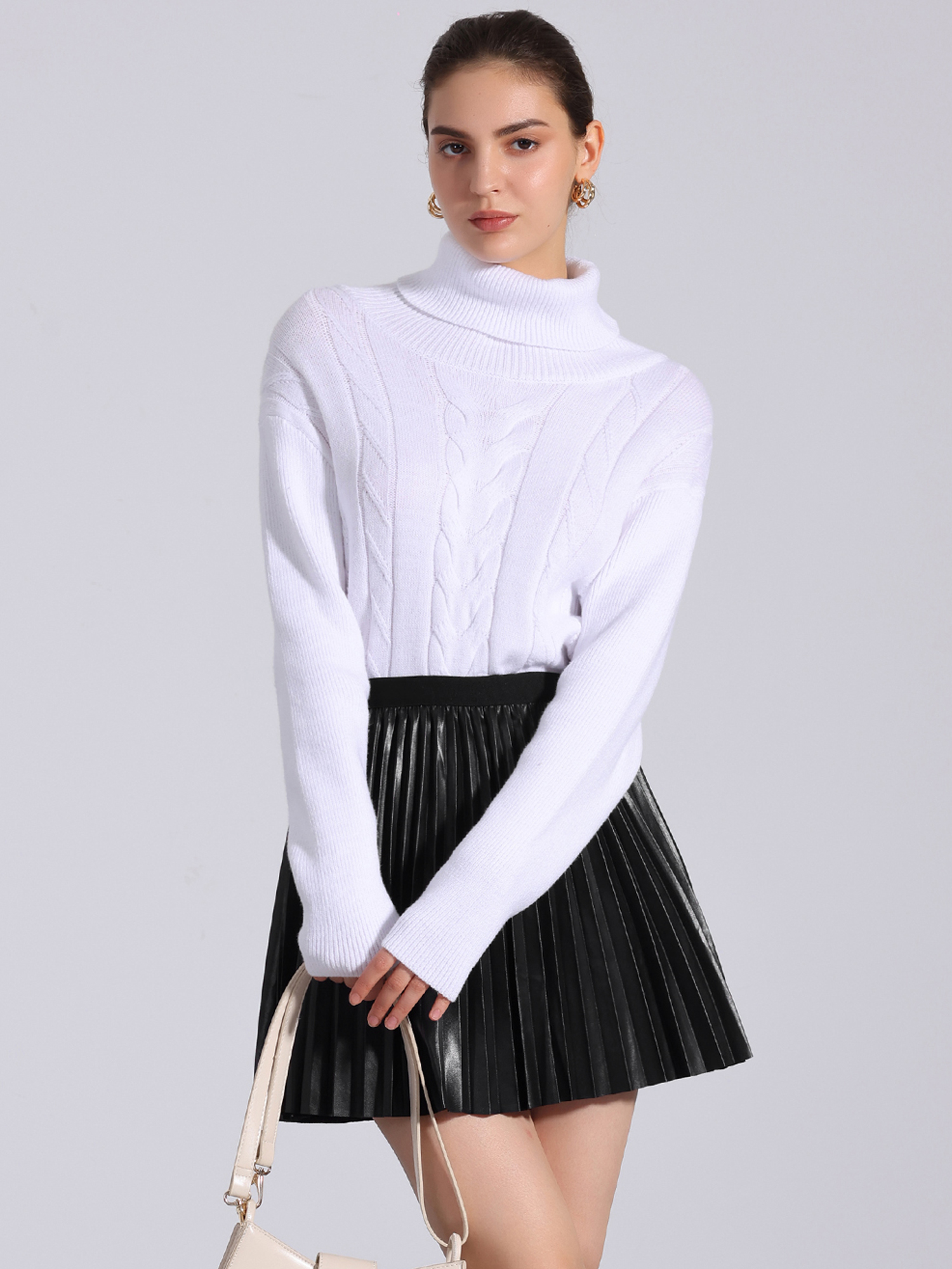 Faux Leather Elastic Waist A-line Pleated Mini Skirt Black/XL