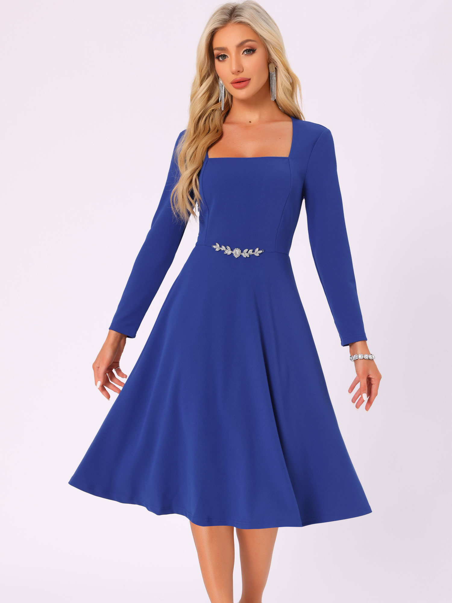 Square Neck Long Sleeve A-Line Cocktail Formal Dress Royal Blue/XS