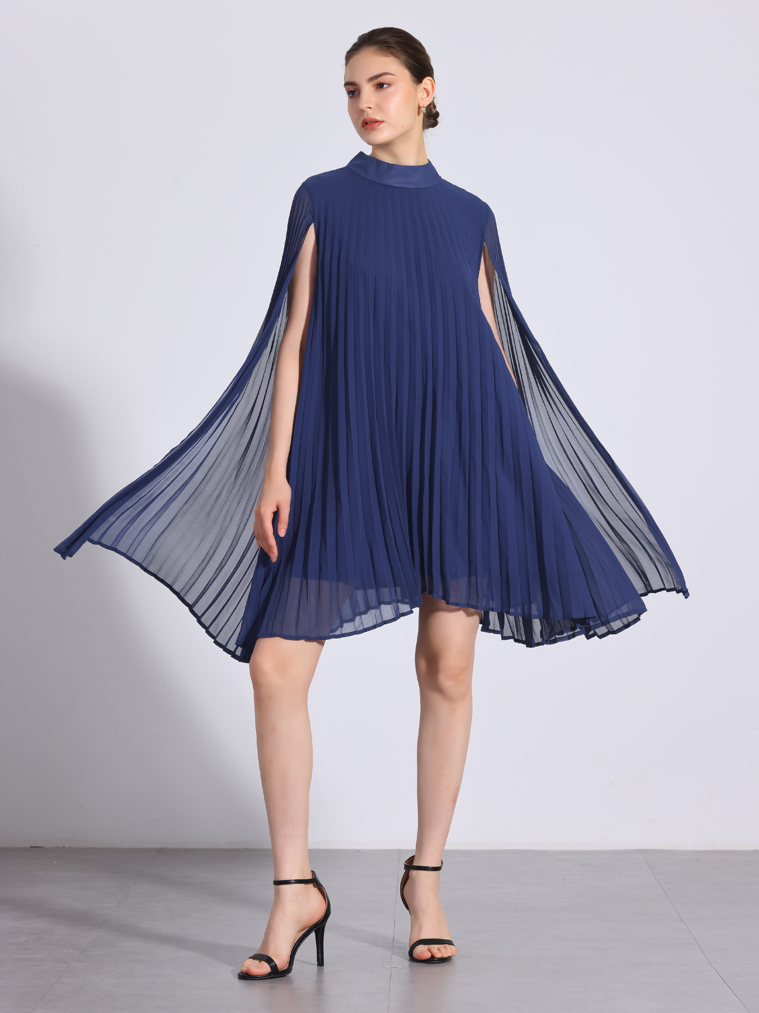 Loose Flowy Cloak Sleeve Cape Pleated Chiffon Mini Dress Dark Blue/S