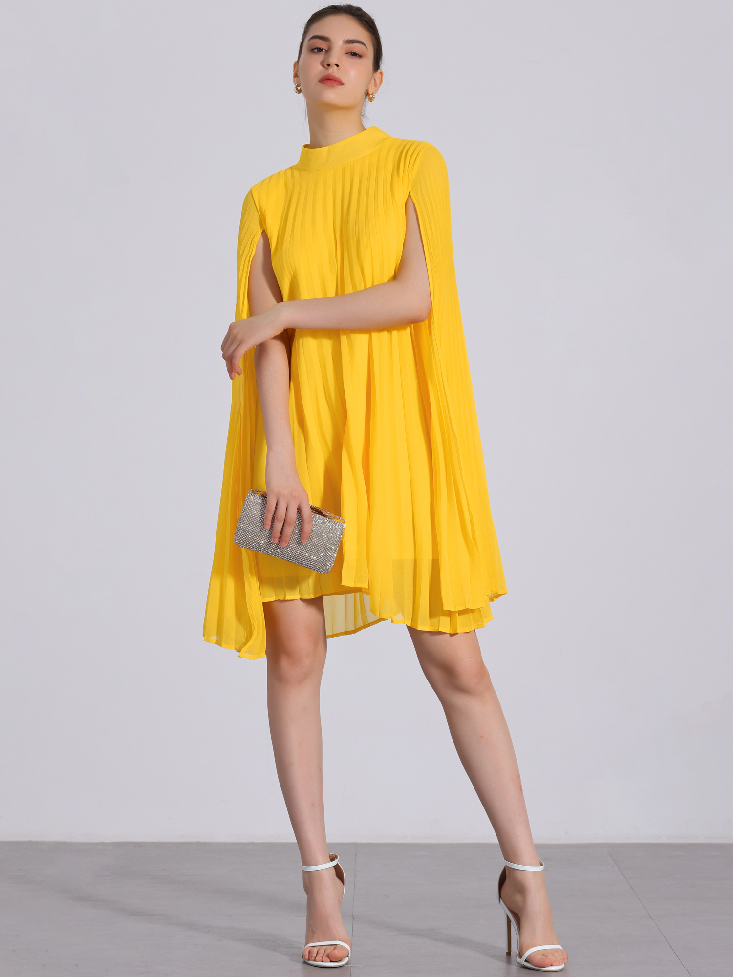 Loose Flowy Cloak Sleeve Cape Pleated Chiffon Mini Dress Yellow/L