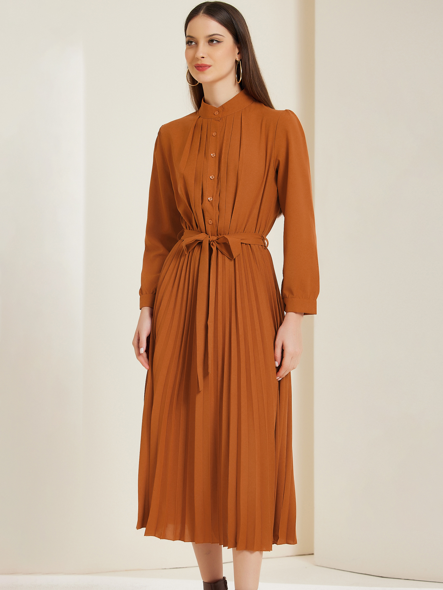 Long Sleeve Mock Neck A-Line Midi Pleated Shirt Dress Caramel/L