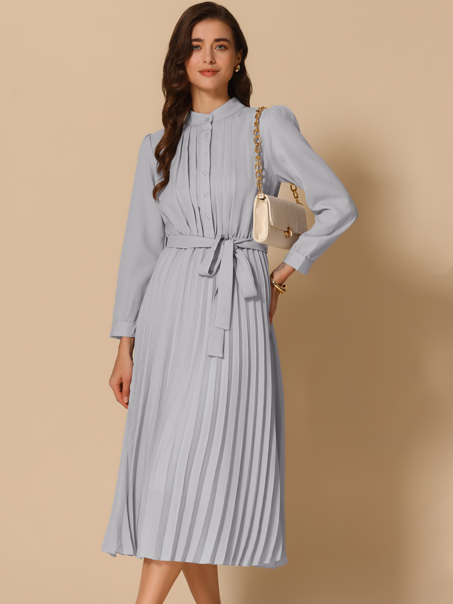 Long Sleeve Mock Neck A-Line Midi Pleated Shirt Dress Grey/L