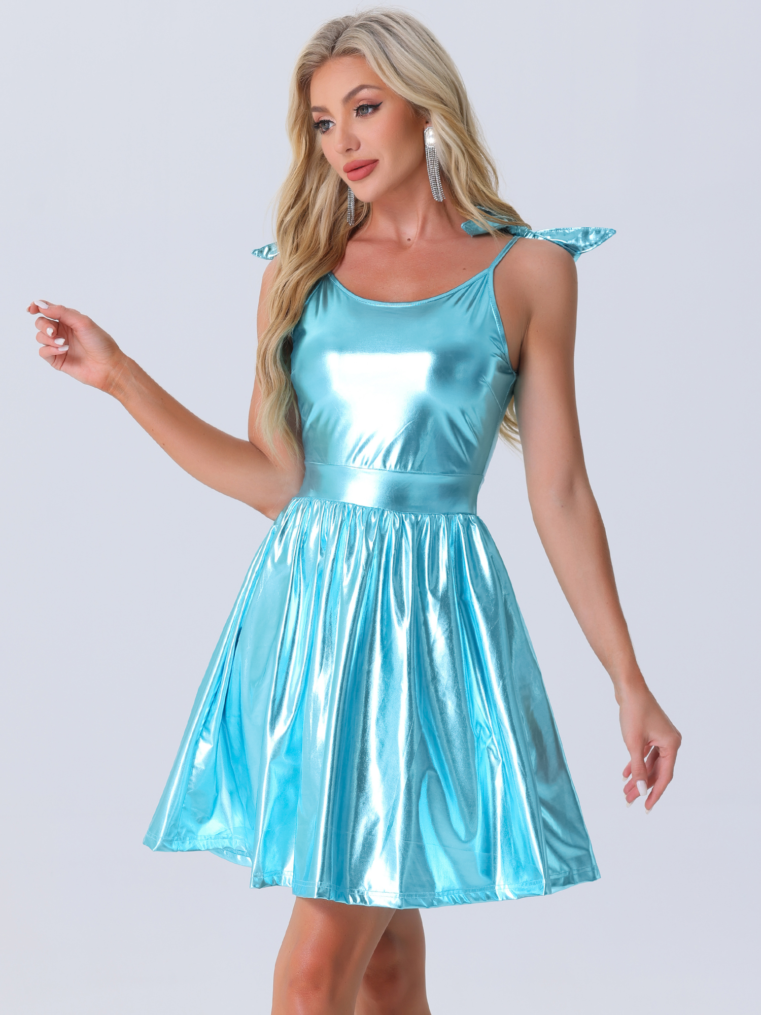 Spaghetti Straps Metallic A-Line Sleeveless Party Mini Dress Blue/XS