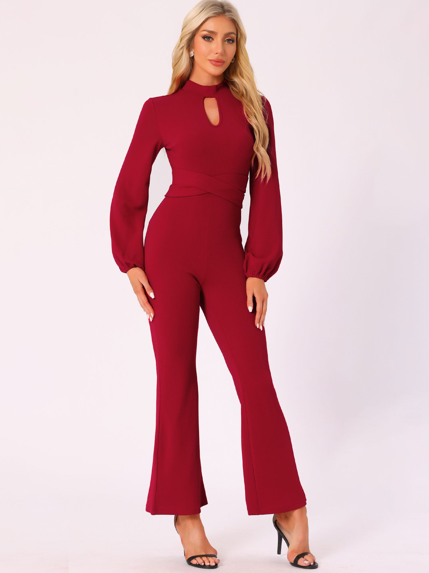 Solid Color Long Sleeve Keyhole Bell Bottom Jumpsuit Red/M
