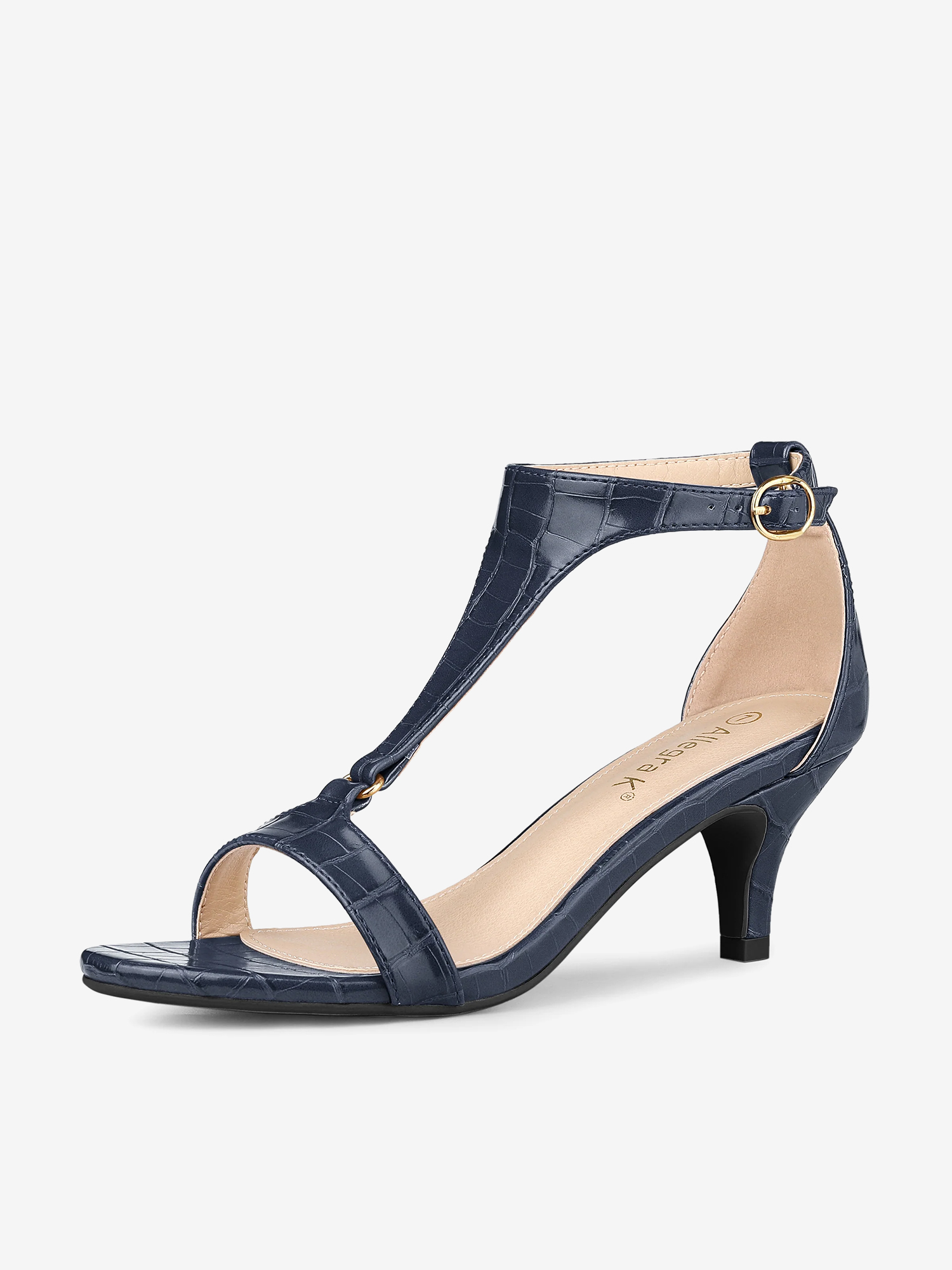 Women's T-Strap Croc Embossed Kitten Heel Sandals Navy Blue/8.5
