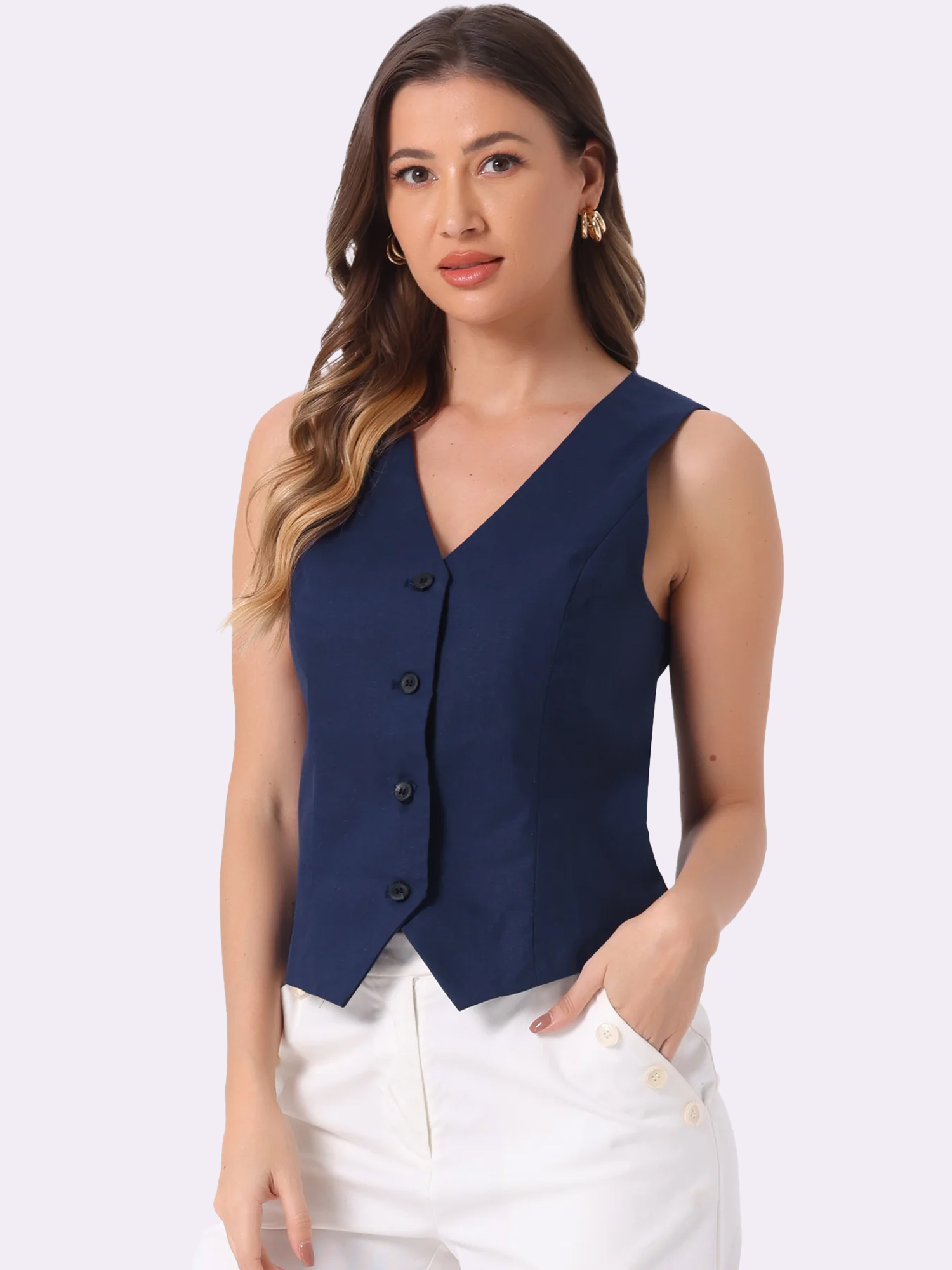 Sleeveless Solid Button Down V Neck Waistcoat Vest Deep Blue/XL