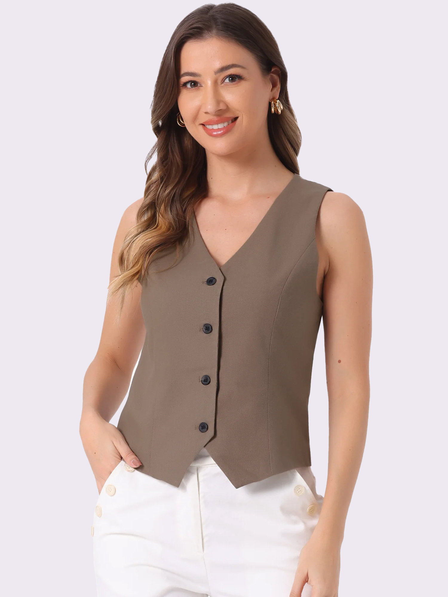 Sleeveless Solid Button Down V Neck Waistcoat Vest Coffee/XS