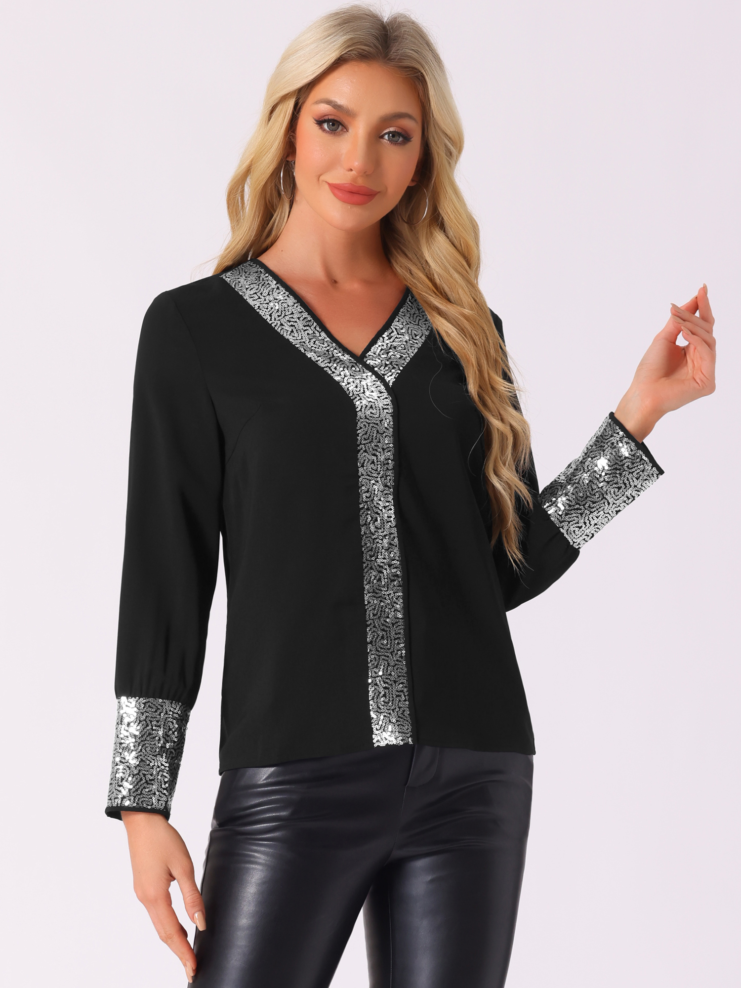 Sequin V Neck Long Sleeve Casual Lightweight Blouse Black/M