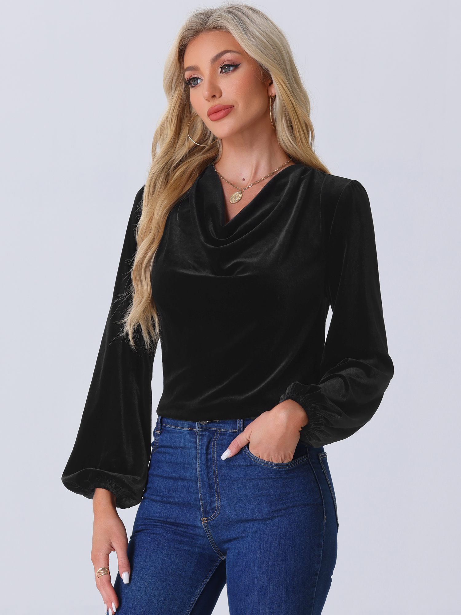 Velvet Cowl Neck Lantern Sleeve Solid Color Blouse Black/XS