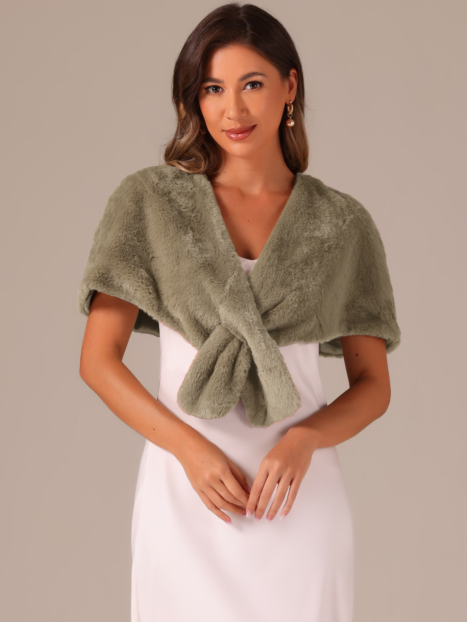 Faux Fur Shawl Winter 1920s Stole Bridal Wedding Wraps Dark Khaki/XS