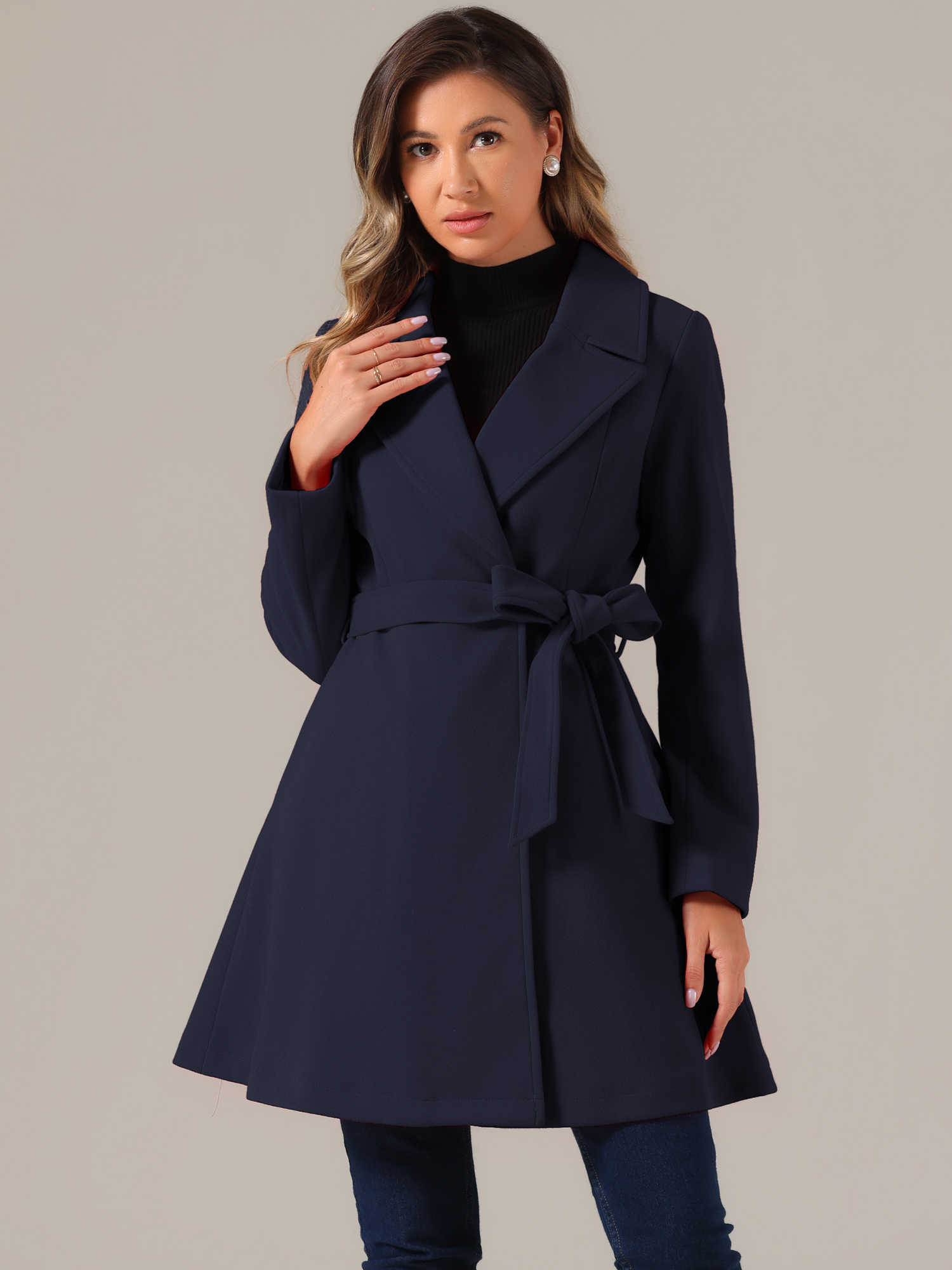 Elegant Overcoat Shawl Collar Single Winter Belted Long Coat Dark Blue/XS