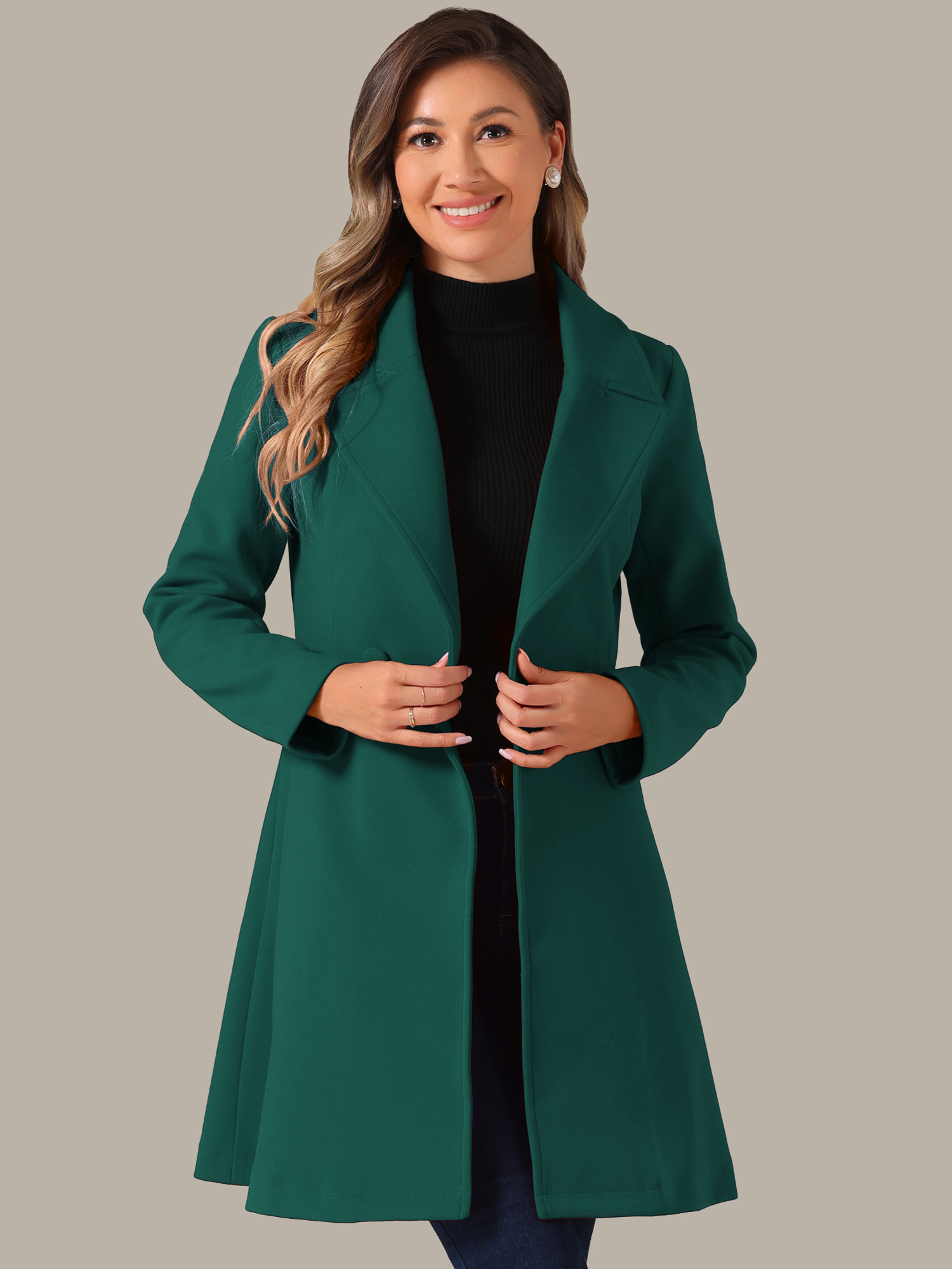 Elegant Overcoat Shawl Collar Single Winter Belted Long Coat Dark Green/S