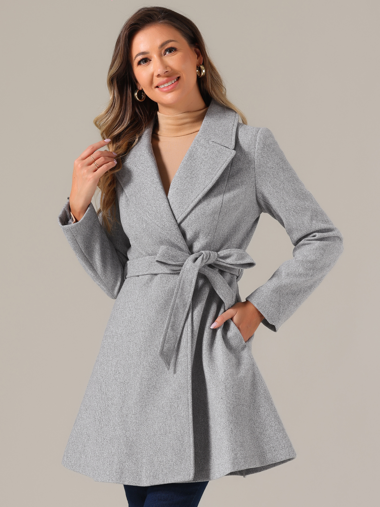 Elegant Overcoat Shawl Collar Single Winter Belted Long Coat Gray/S