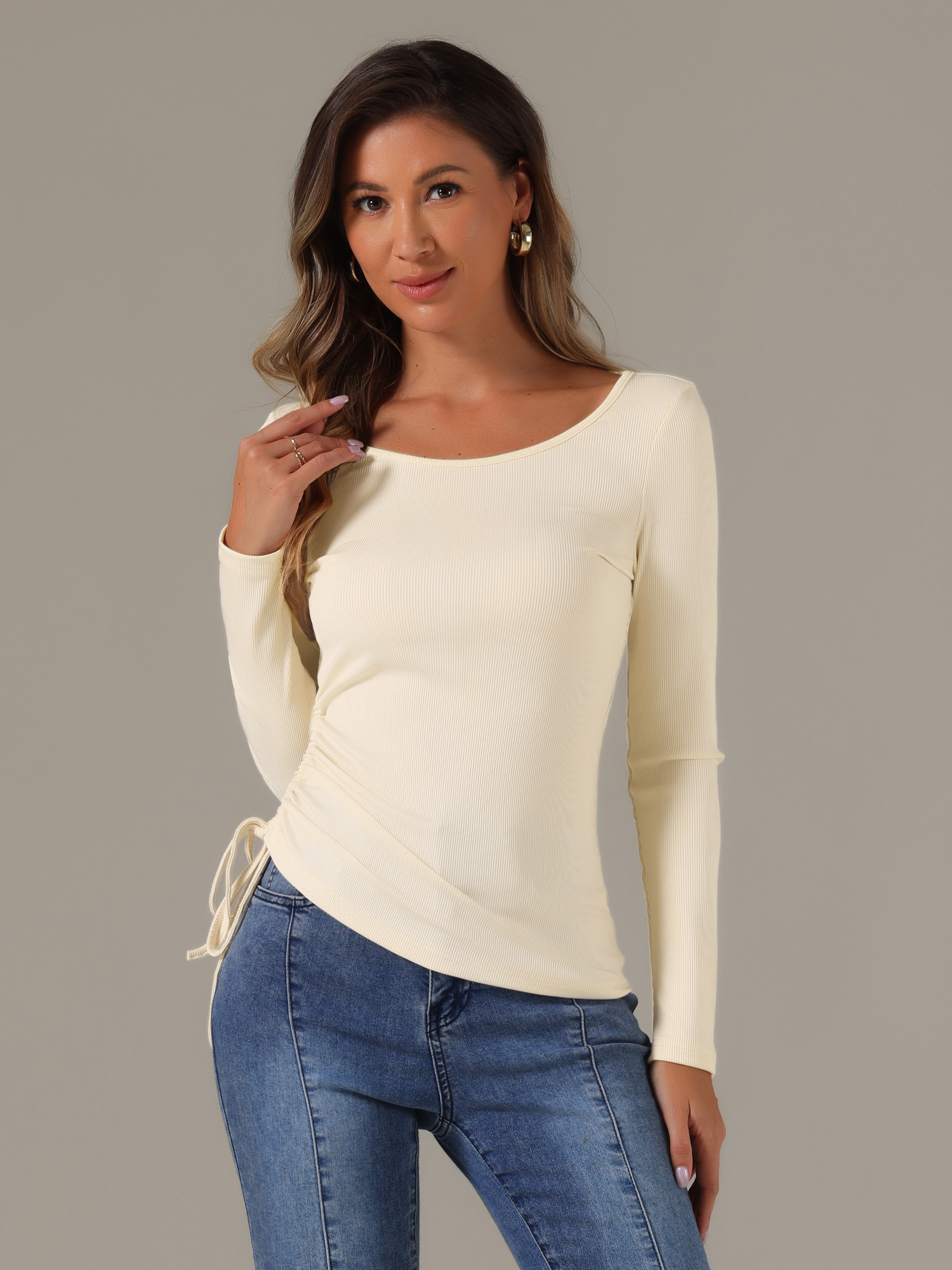 Drawstring Ruched Round Neck Long Sleeve Irregular Hem Basic T-shirt Beige/XL