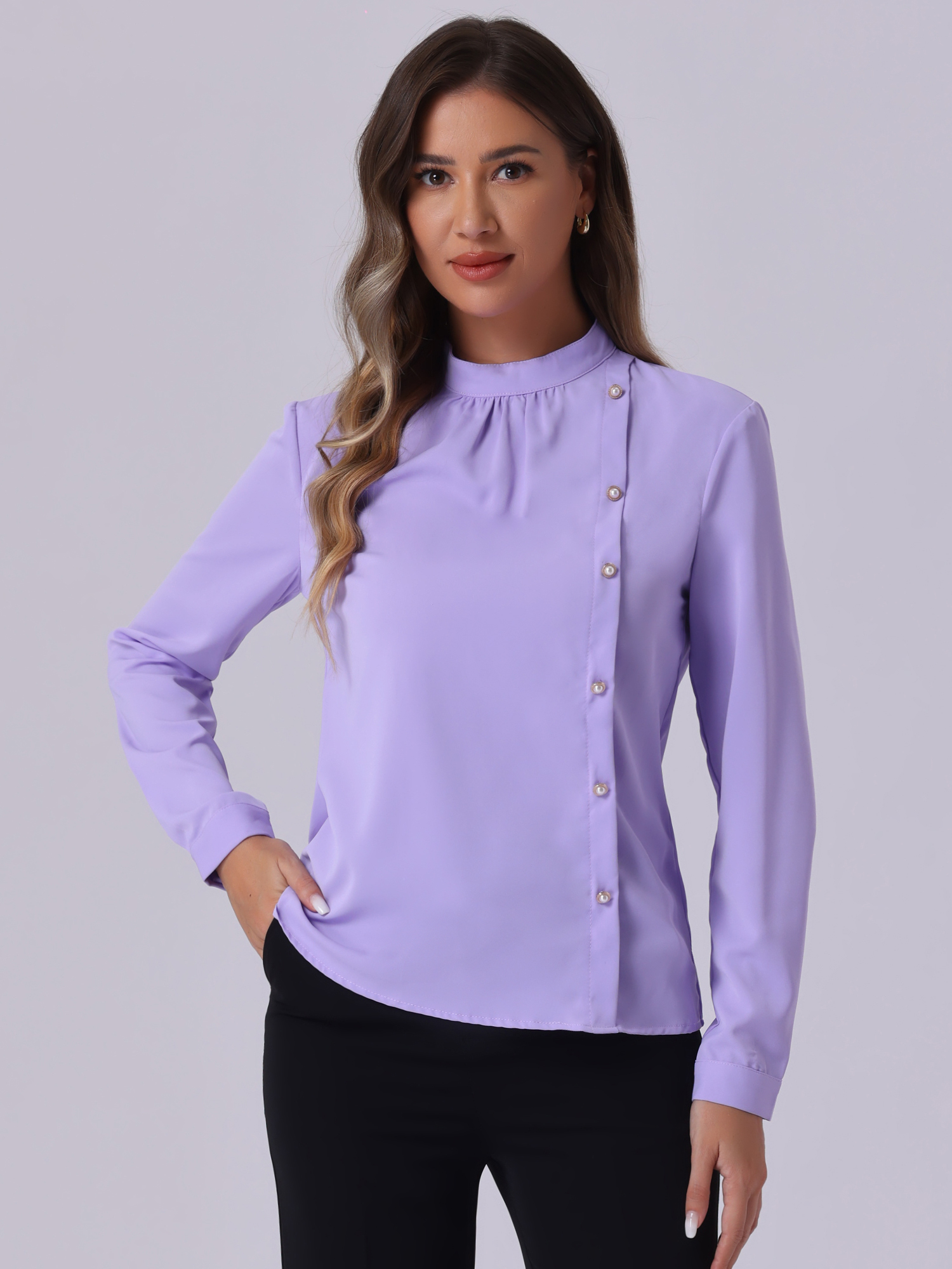 Office Shirt Elegant Stand Collar Long Sleeve Vintage Blouse Light Purple/XS