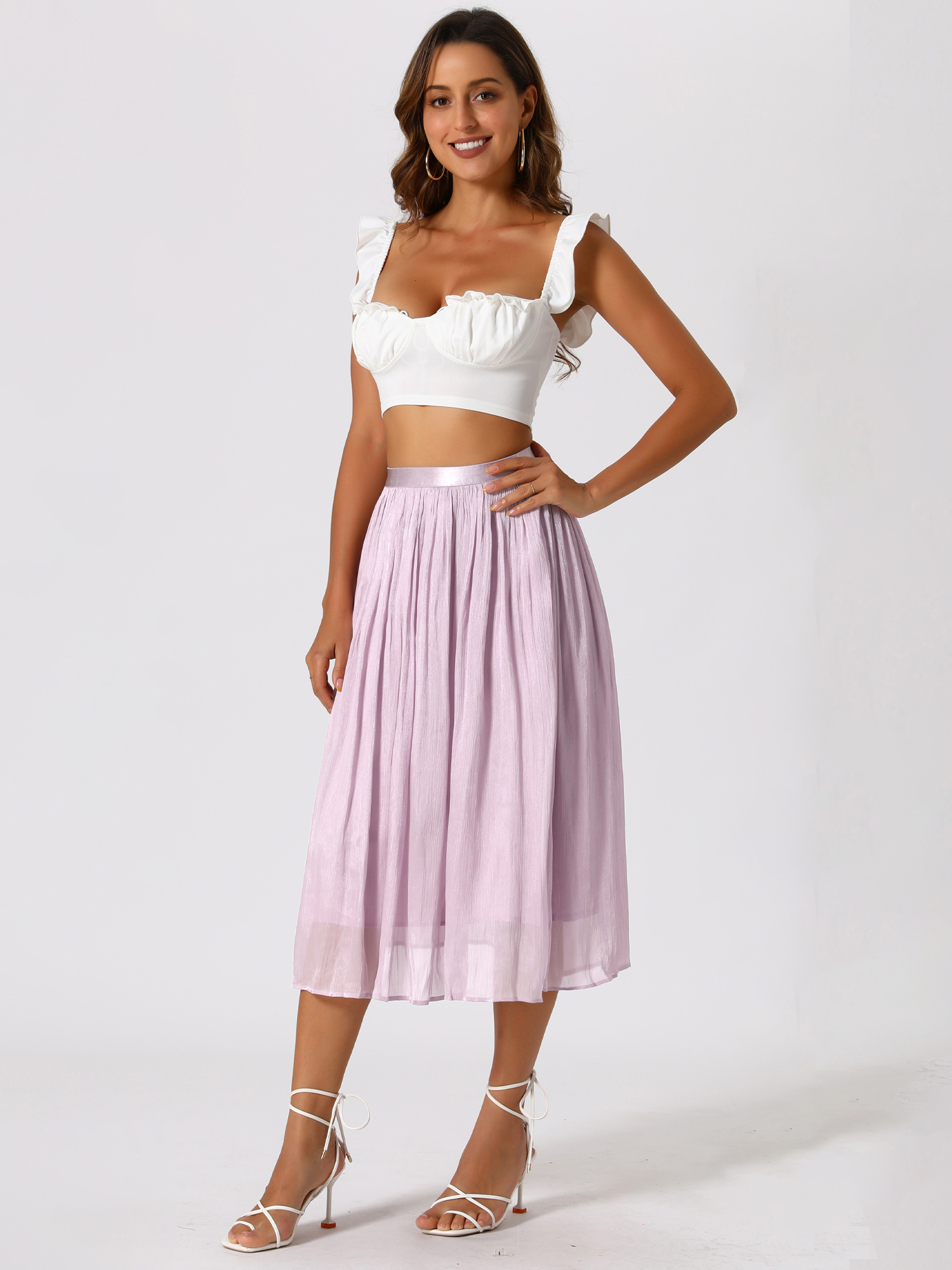 Pleated Midi Elastic Waist Casual Accordion Skirt Light Purple/XL