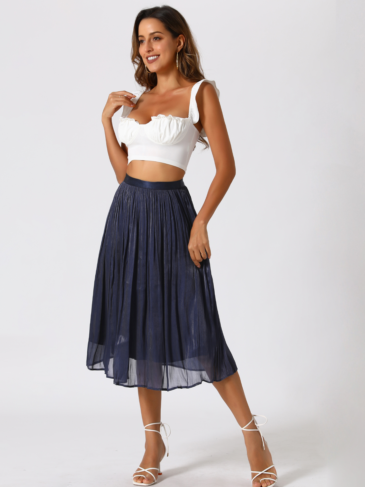 Pleated Midi Elastic Waist Casual Accordion Skirt Navy Blue/M
