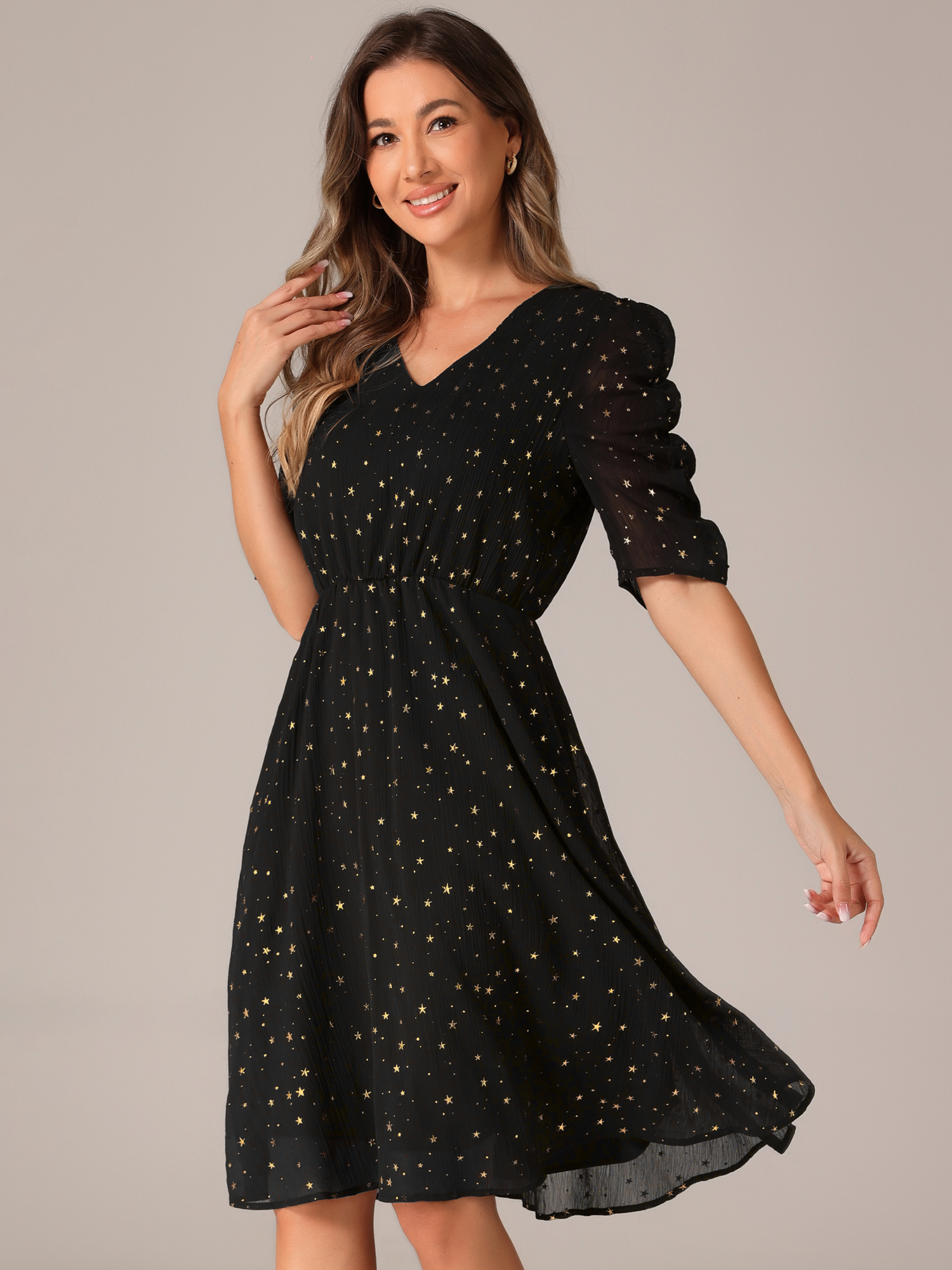 Metallic Stars Ruched Sleeve V Neck A-line Chiffon Dress Black/XS