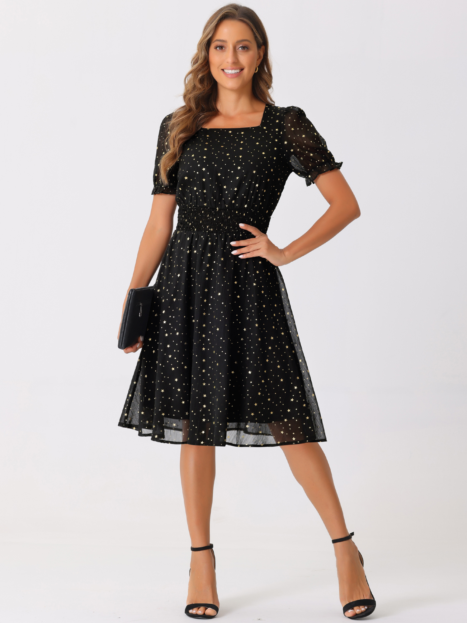 Square Neck Metallic Stars Ruffle Short Sleeve A-Line Smocked Waist Midi Dress Black/L