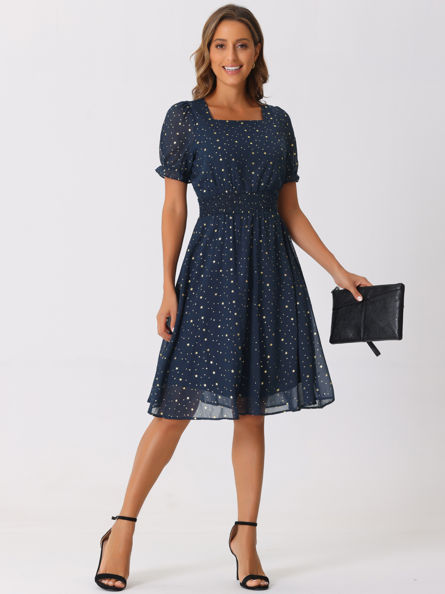 Square Neck Metallic Stars Ruffle Short Sleeve A-Line Smocked Waist Midi Dress Dark Blue/M