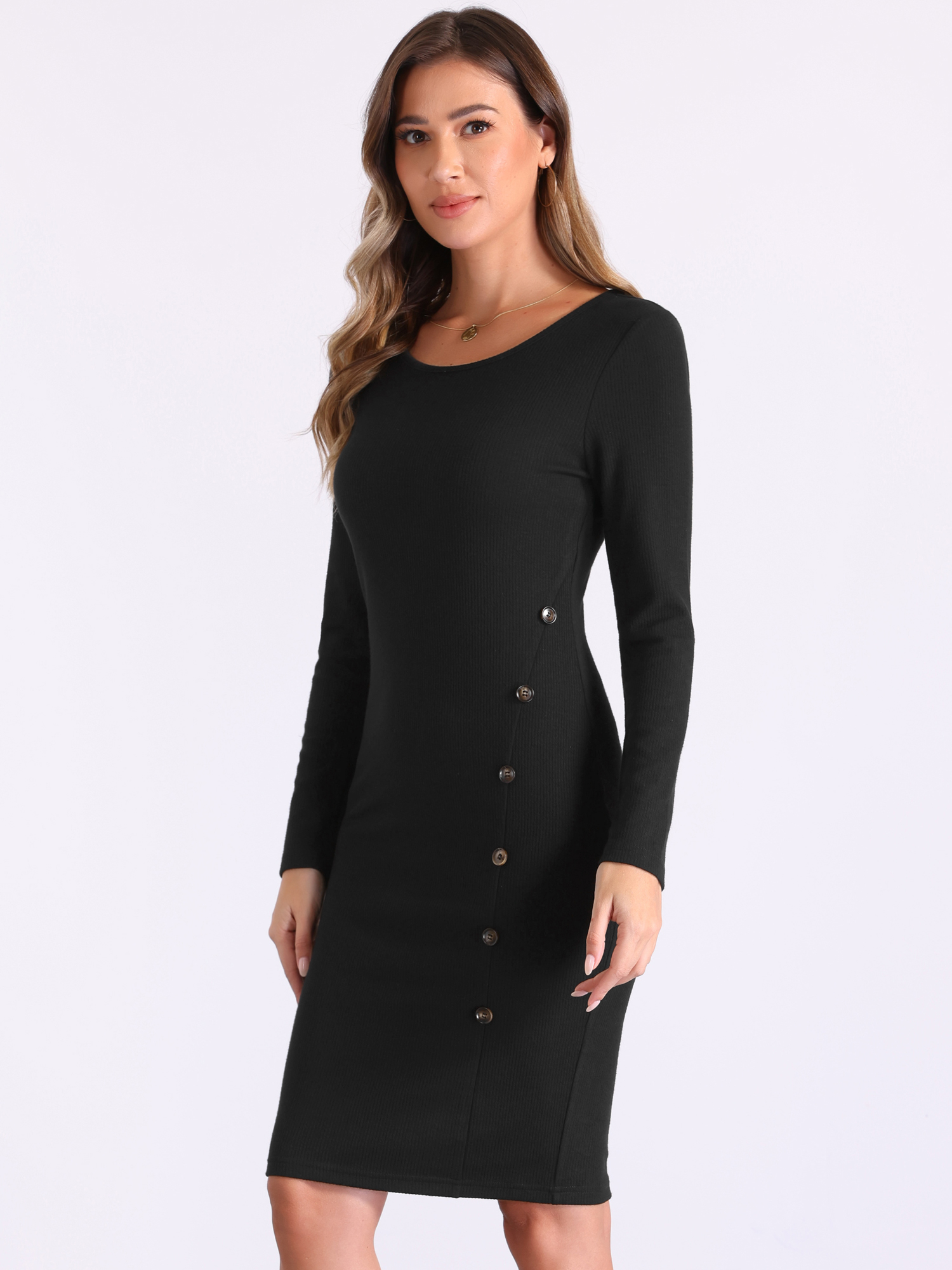Ribbed Knit Boat Neck Long Sleeve Button Decor Sweater Dress Black/XS