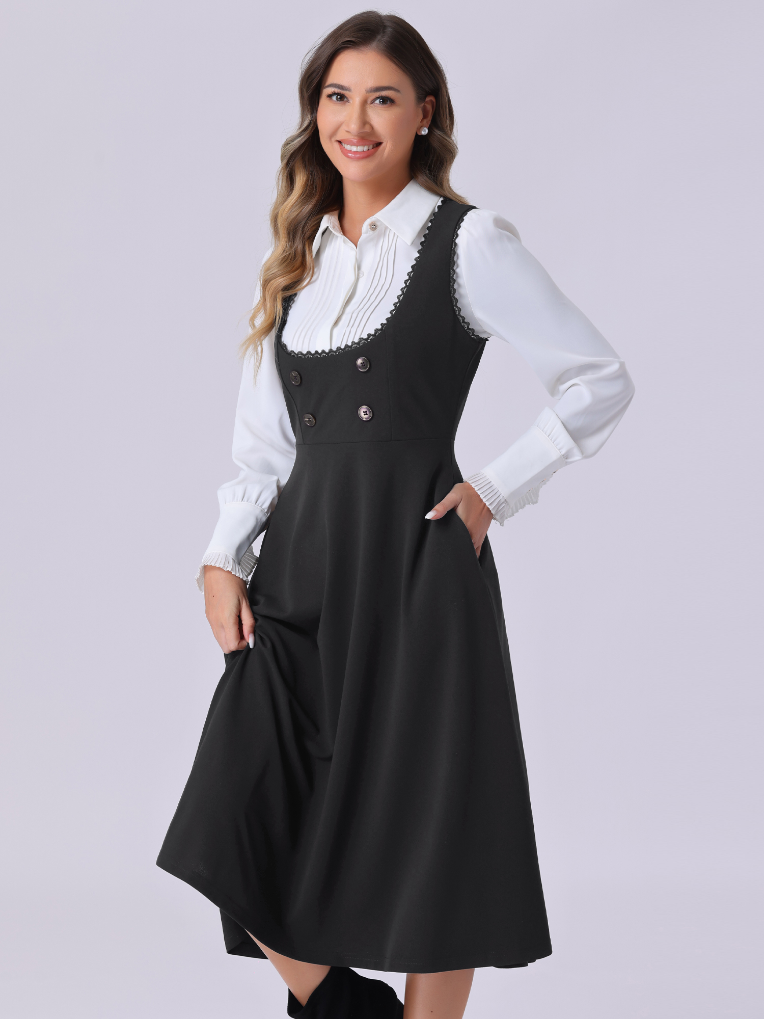 Lace Trim Button Decor Pockets Overalls Midi Pinafore Dress Black/L