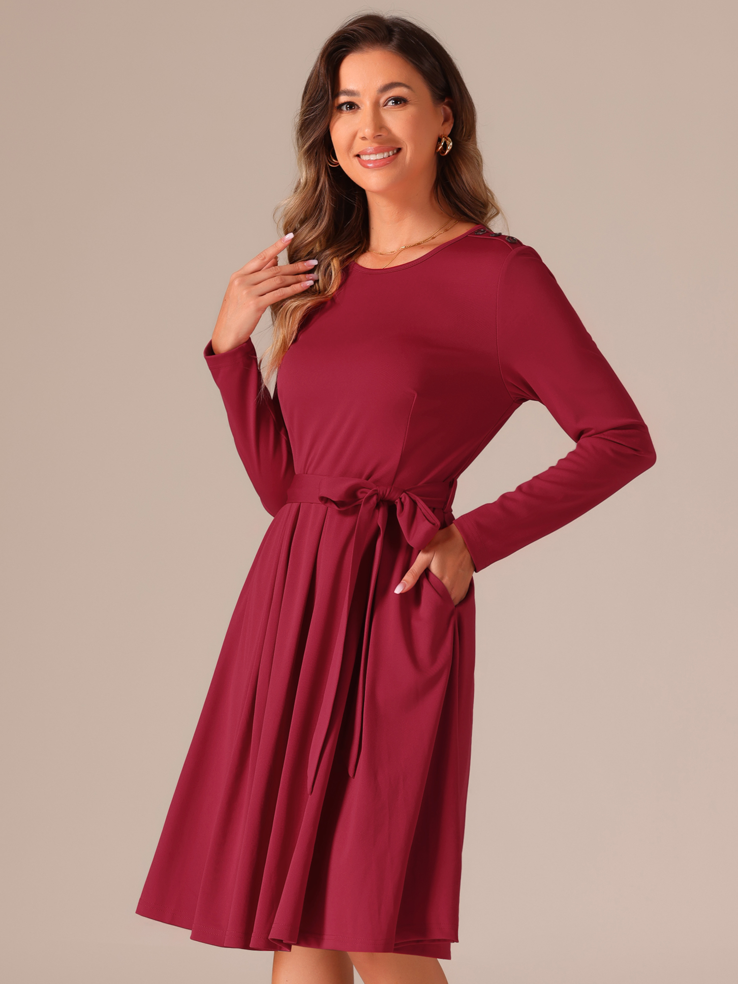 Solid Color Long Sleeve Belted Pockets A-Line Midi Dress Red/M