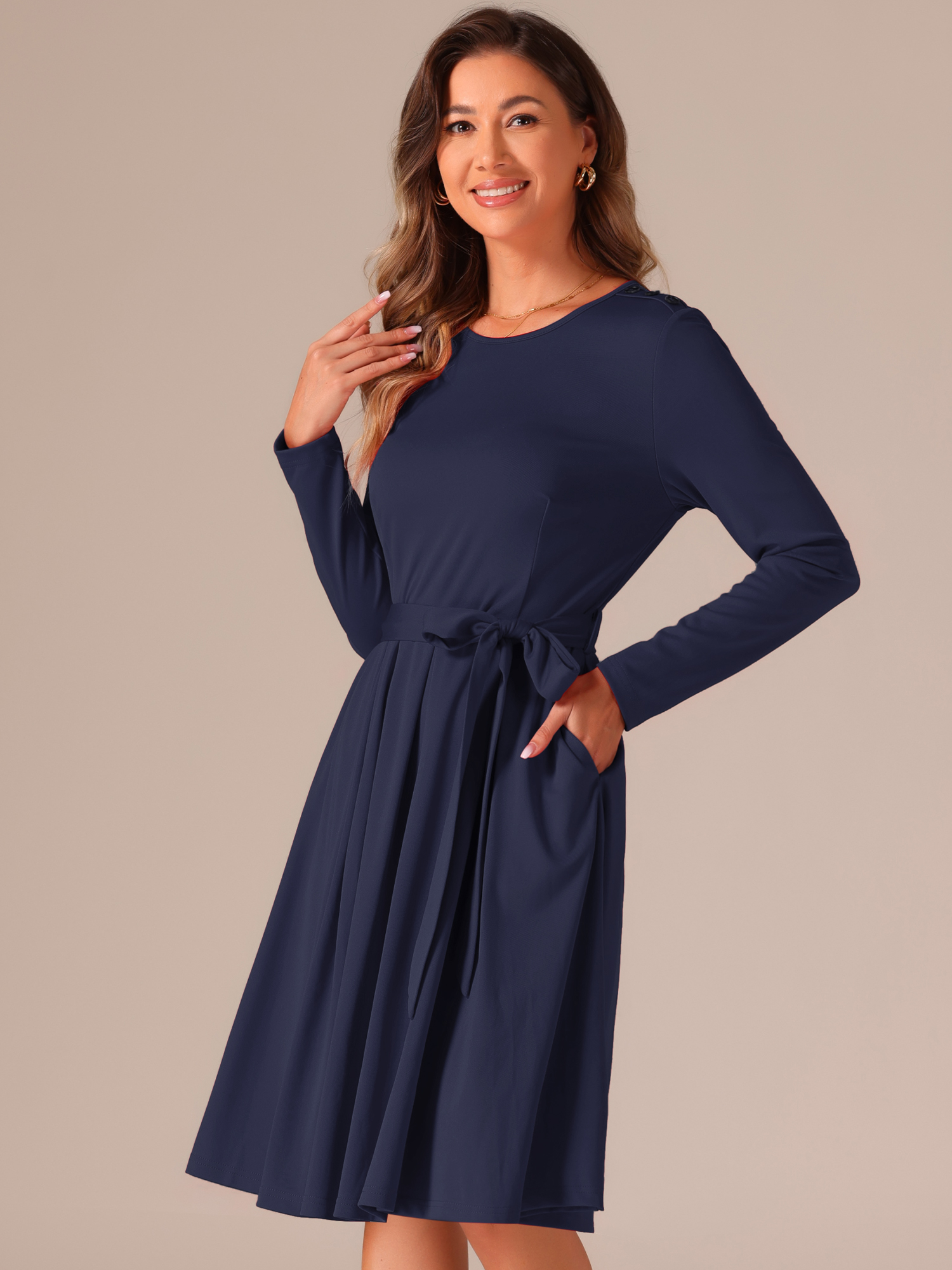 Solid Color Long Sleeve Belted Pockets A-Line Midi Dress Dark Blue/S