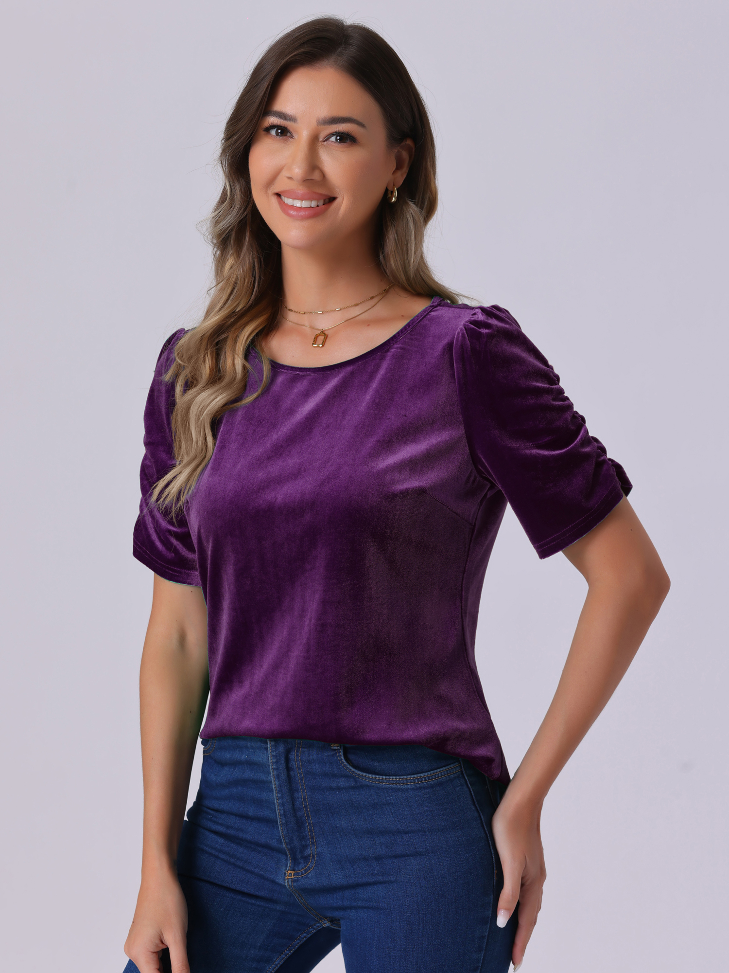 Velvet Round Neck Puff Short Sleeve Casual Blouse Dark Purple/L