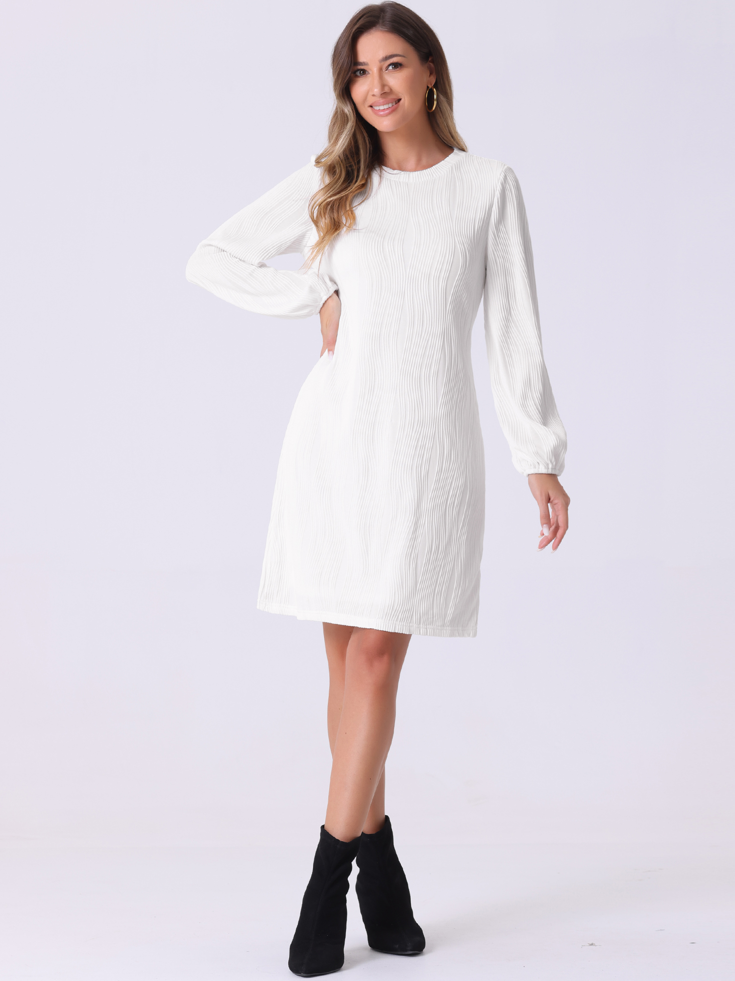 Long Lantern Sleeve Solid Color Textured Midi Dress White/XL