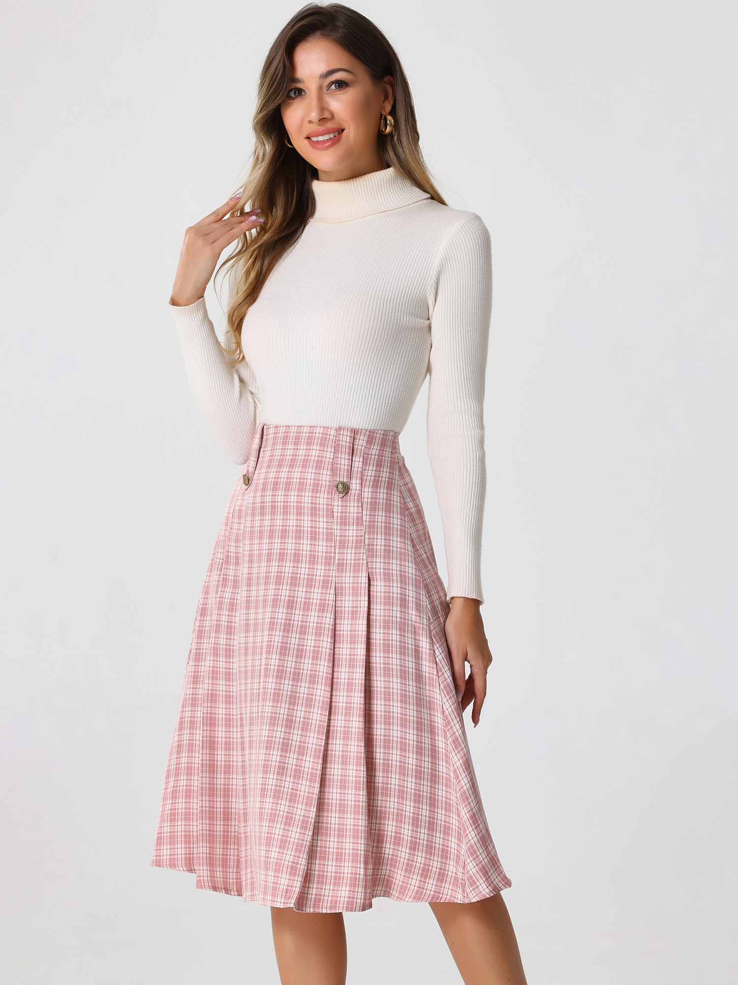 Vintage Plaid High Waist Pleated A-Line Midi Skirt Pink/XL