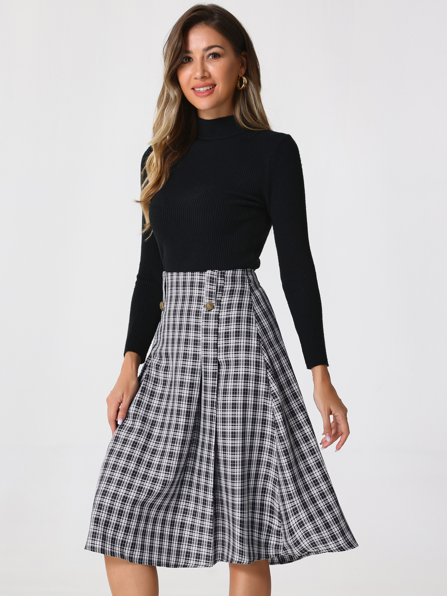 Vintage Plaid High Waist Pleated A-Line Midi Skirt Black/XL