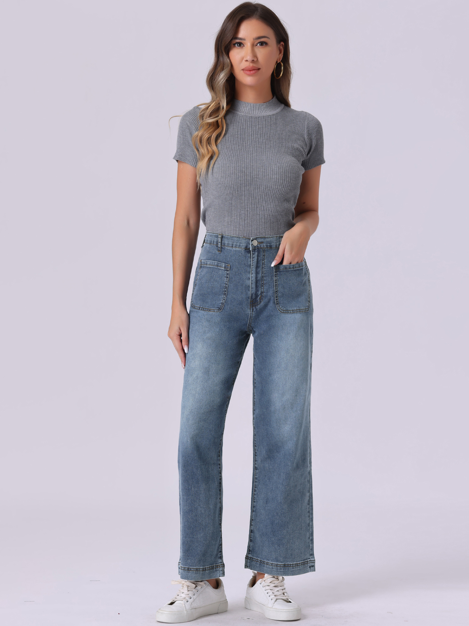 High Waisted Stretchy Straight Wide Leg Buttoned Loose Denim Pants Jeans Gray Blue/XL