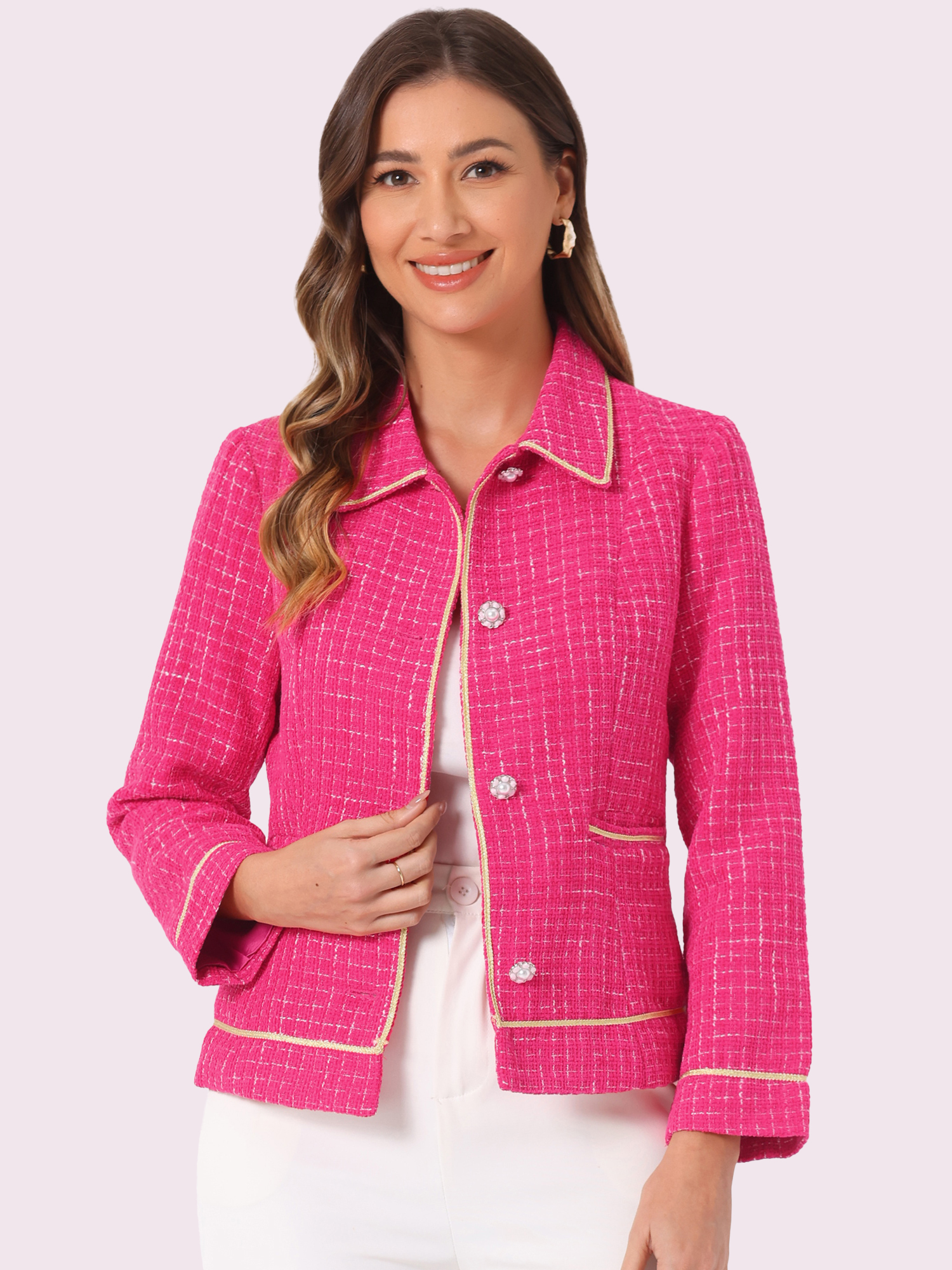 Collared Long Sleeve Contrast Trim Button Down Work Short Jacket Hot Pink/M