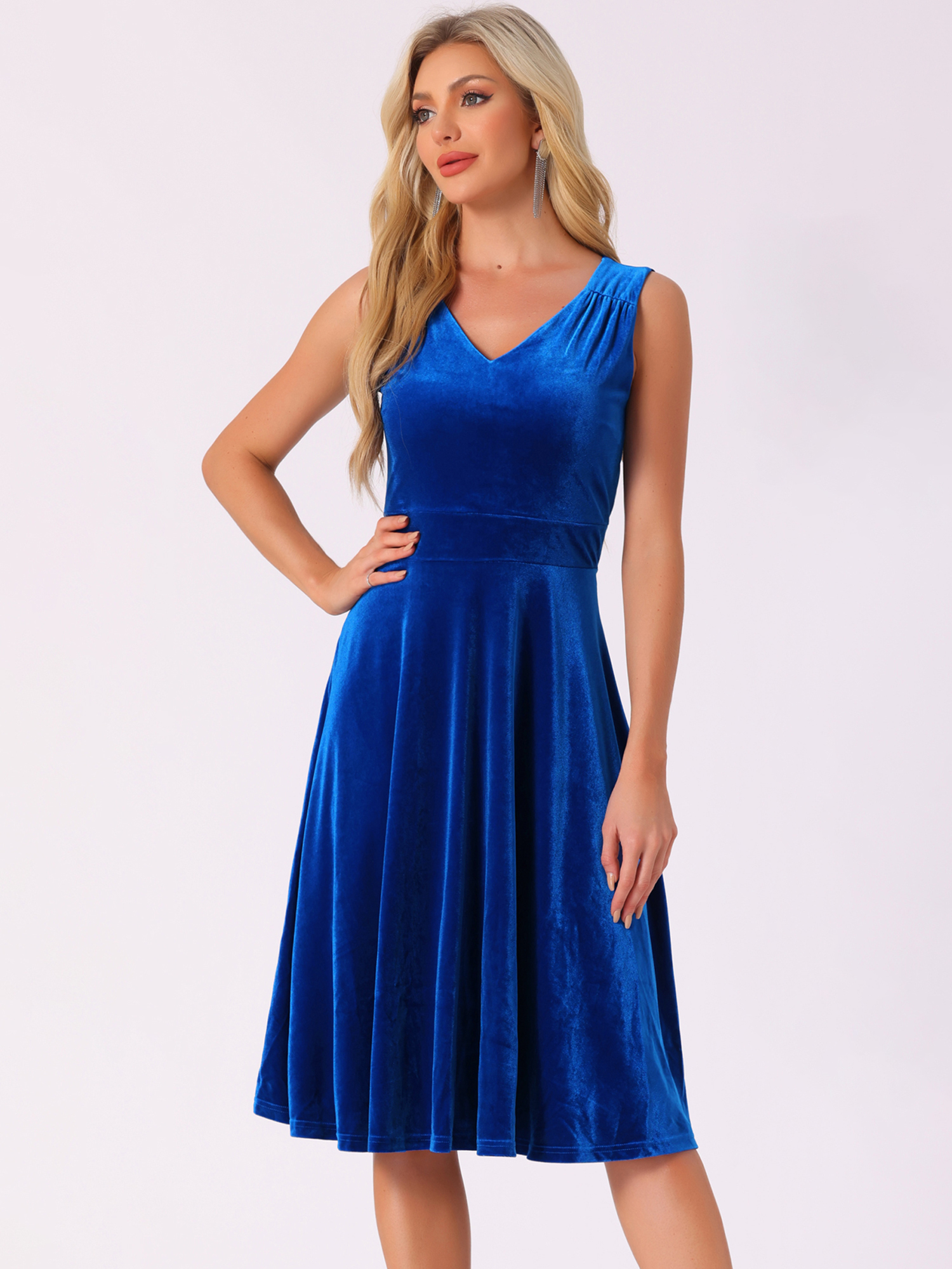 Sleeveless Velvet Ruched High Waist V Neck A-Line Midi Dress Royal Blue/L