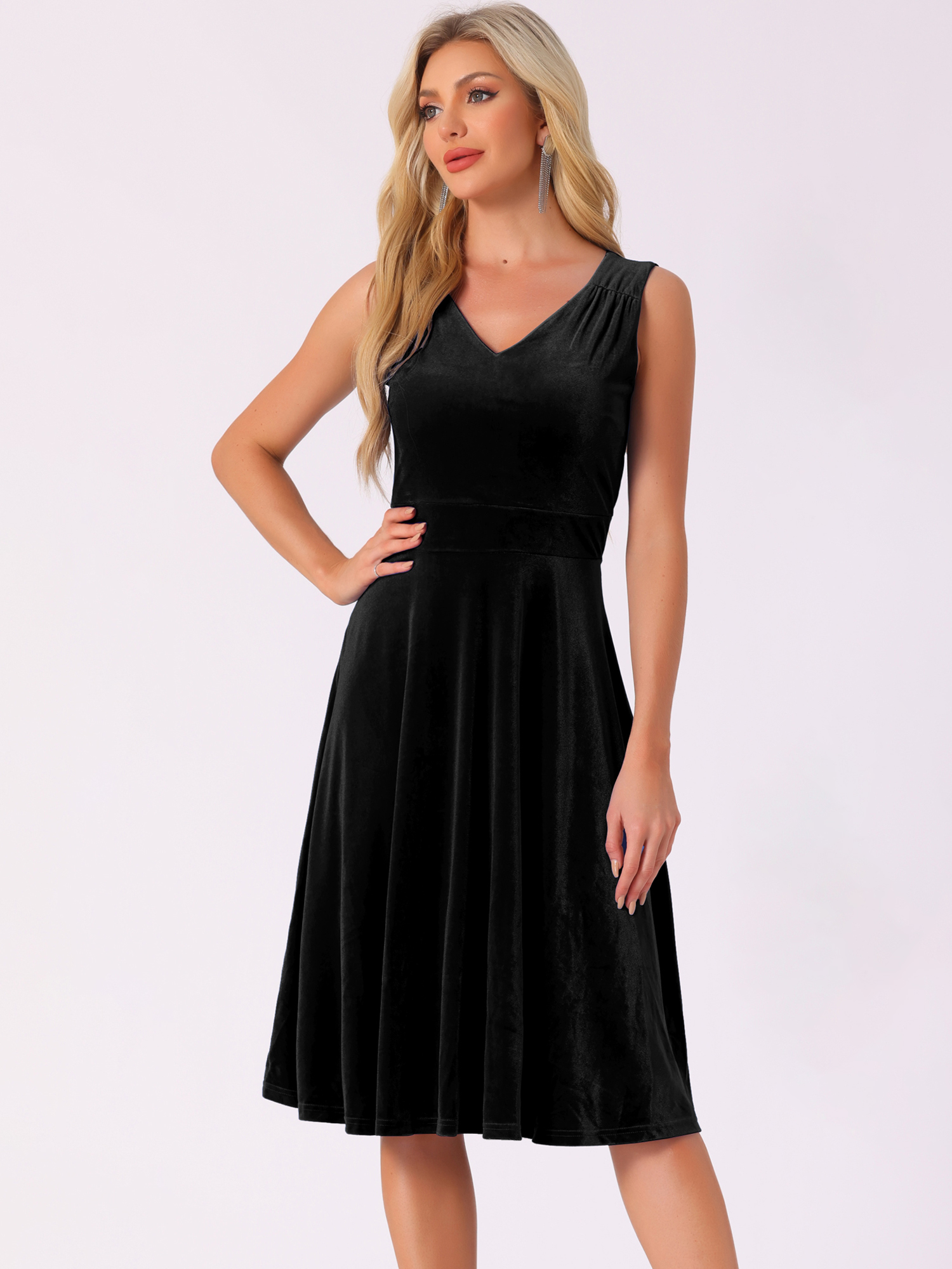 Sleeveless Velvet Ruched High Waist V Neck A-Line Midi Dress Black/XL