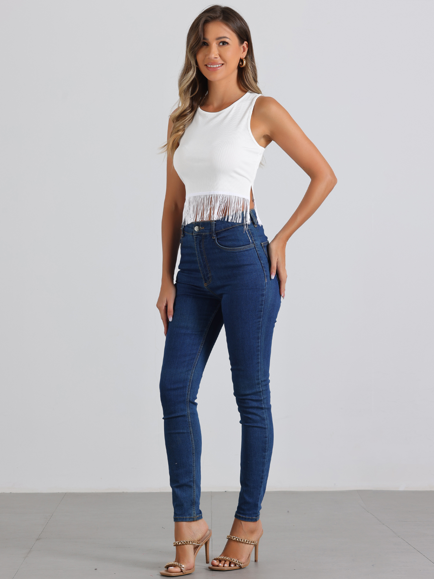 Crew Neck Sleeveless Crop Tassel Trim Ribbed Knit Tank White/L