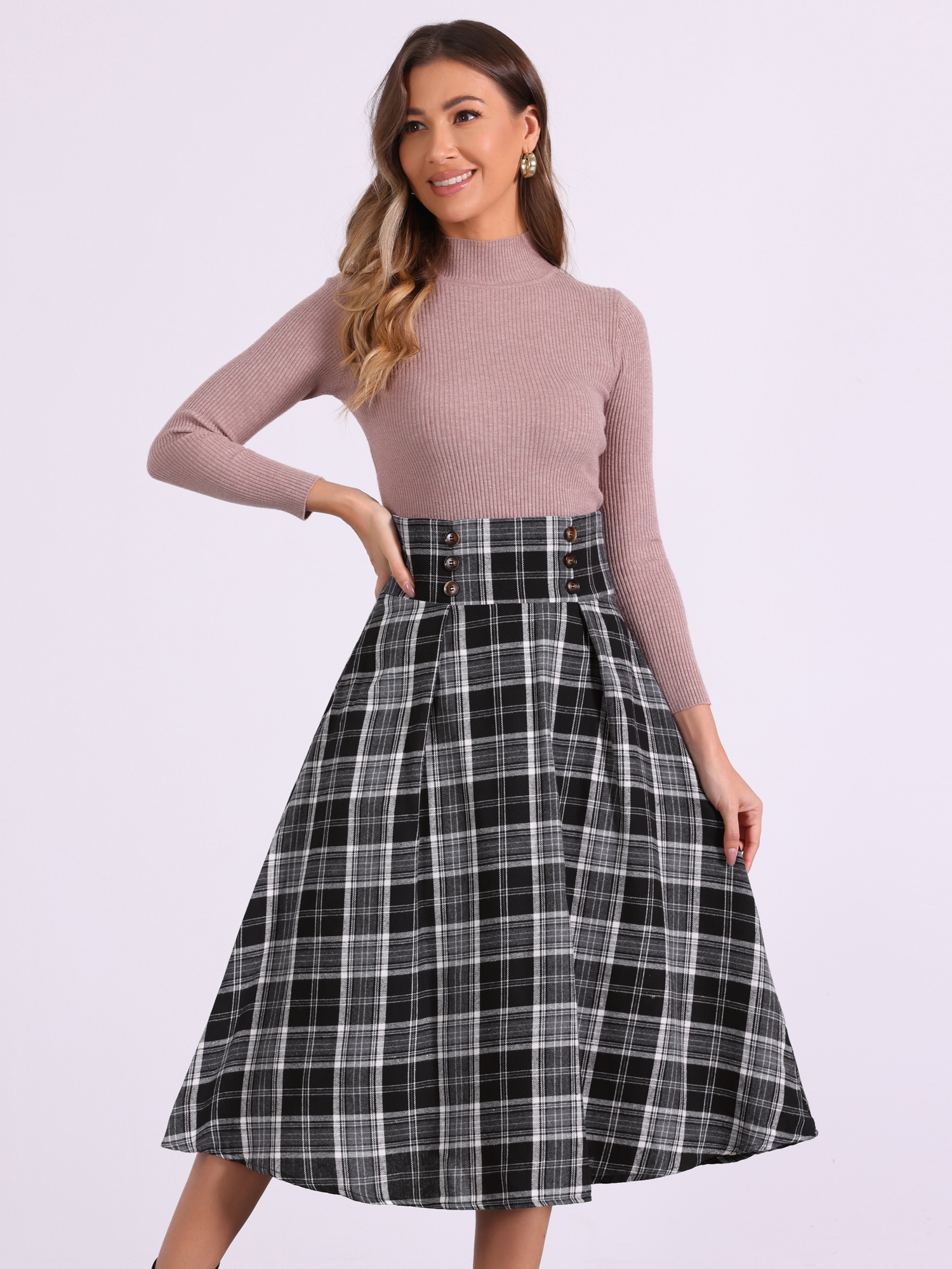 Plaid High Elastic Waist Skirt Vintage Fall Winter A-Line Midi Skirt Black/M