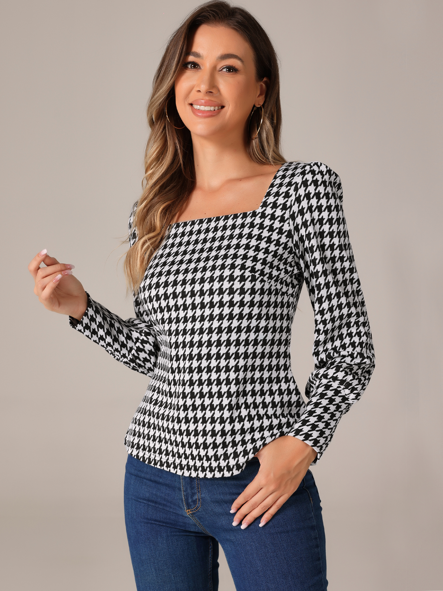 Houndstooth Square Neck Bishop Sleeve Casual Blouse Black White/M