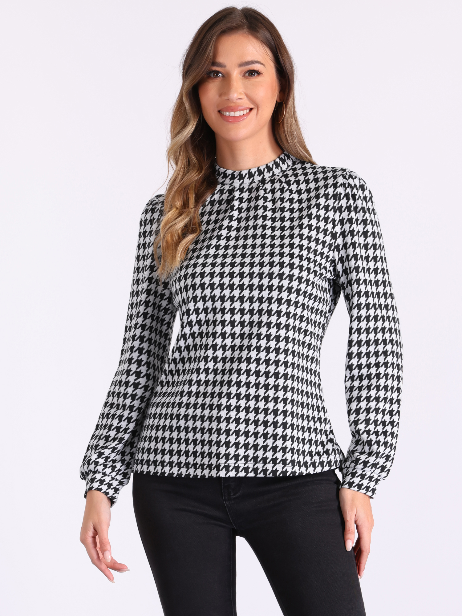 Houndstooth Mock Neck Long Sleeve Casual Blouse Black/S