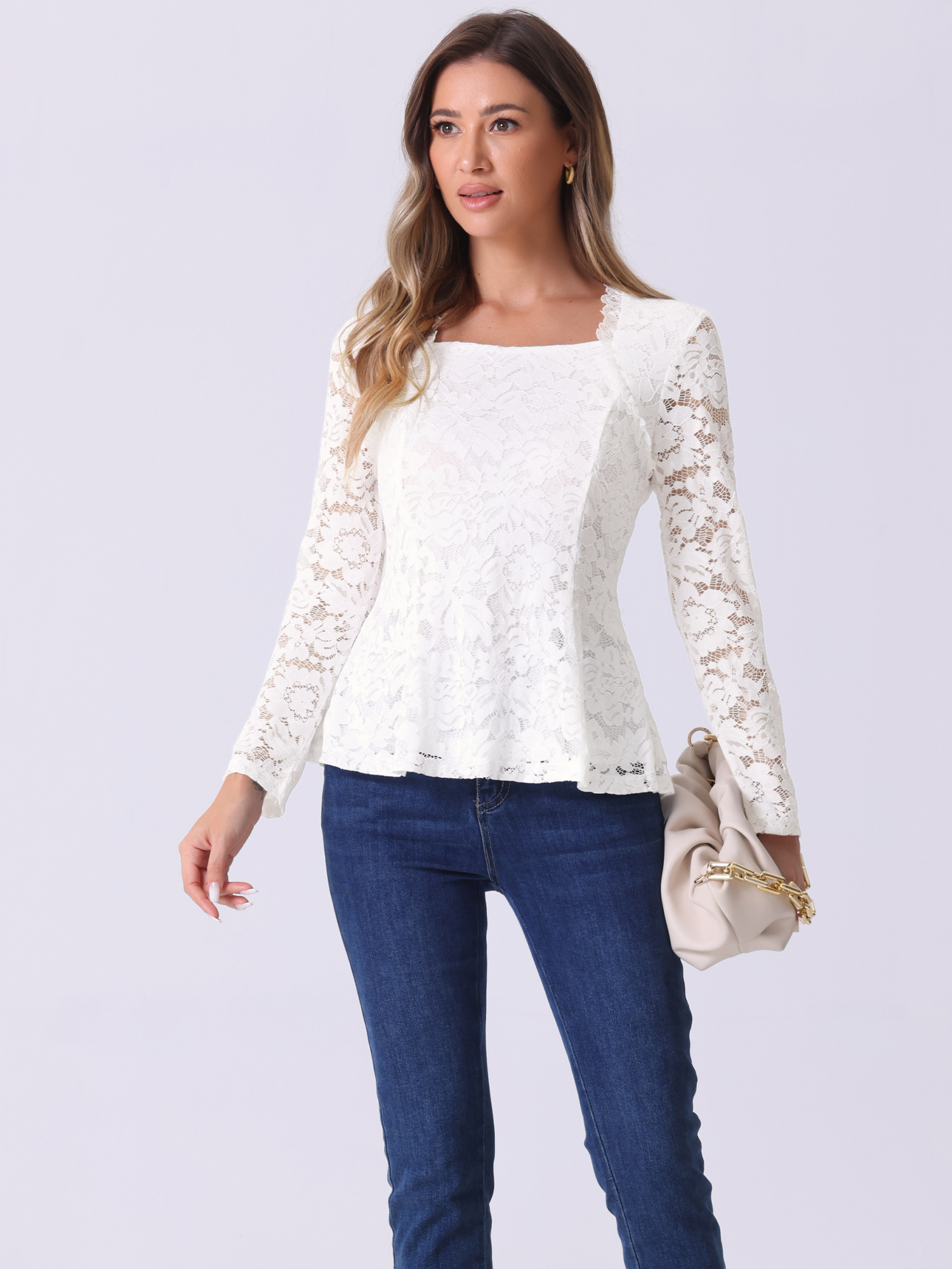 Lace Square Neck Long Sleeve Stertch Peplum Blouse White/L