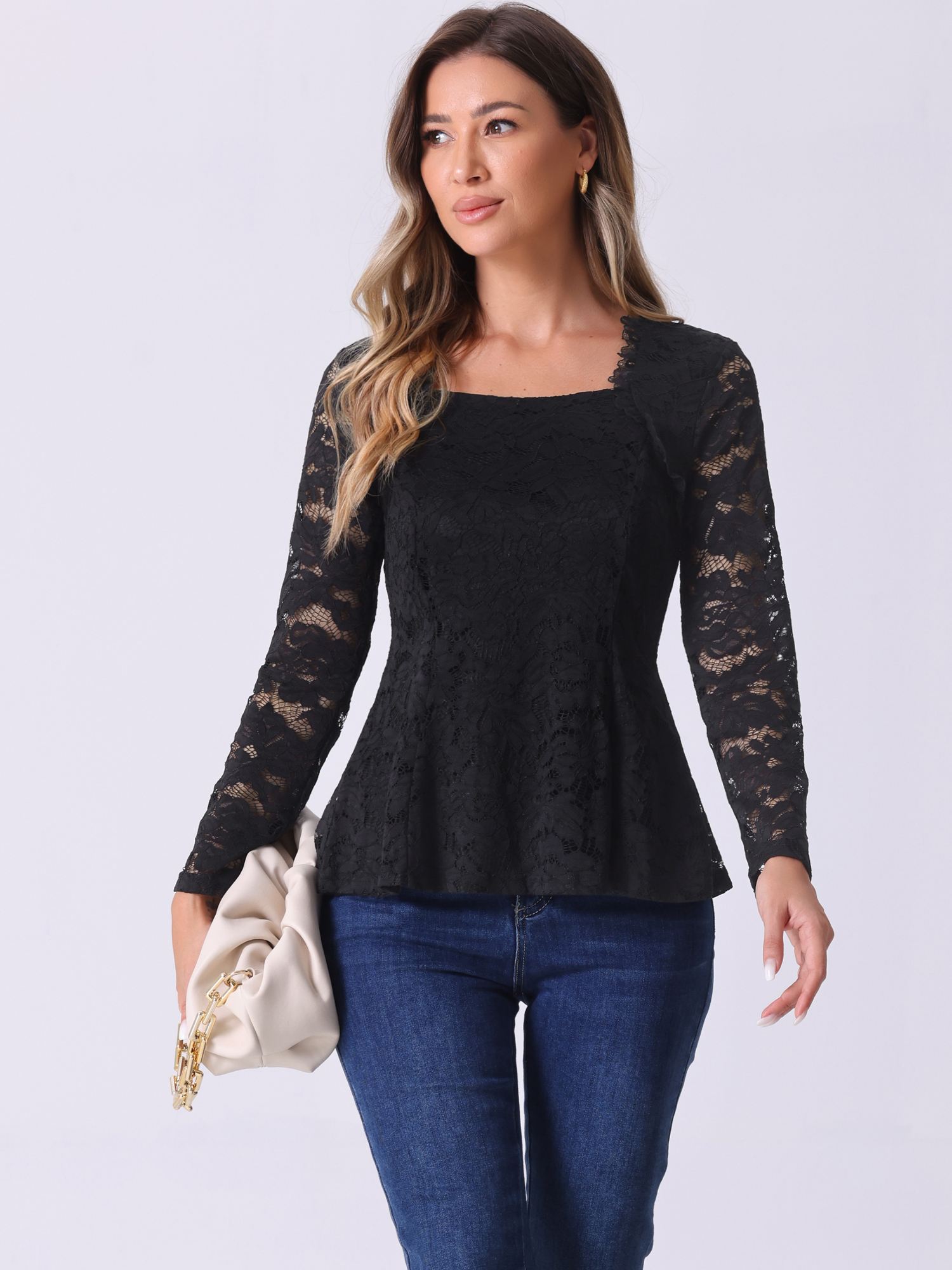 Lace Square Neck Long Sleeve Stertch Peplum Blouse Black/XS