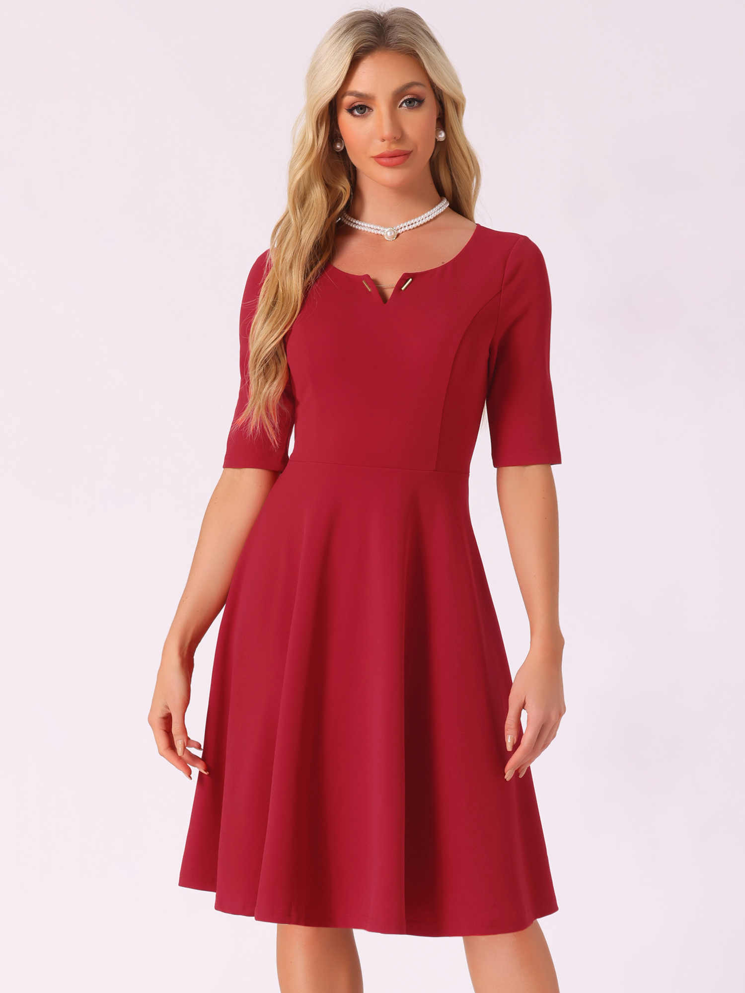 V Neck Half Sleeve Elegant A-Line Midi Dress Red/M