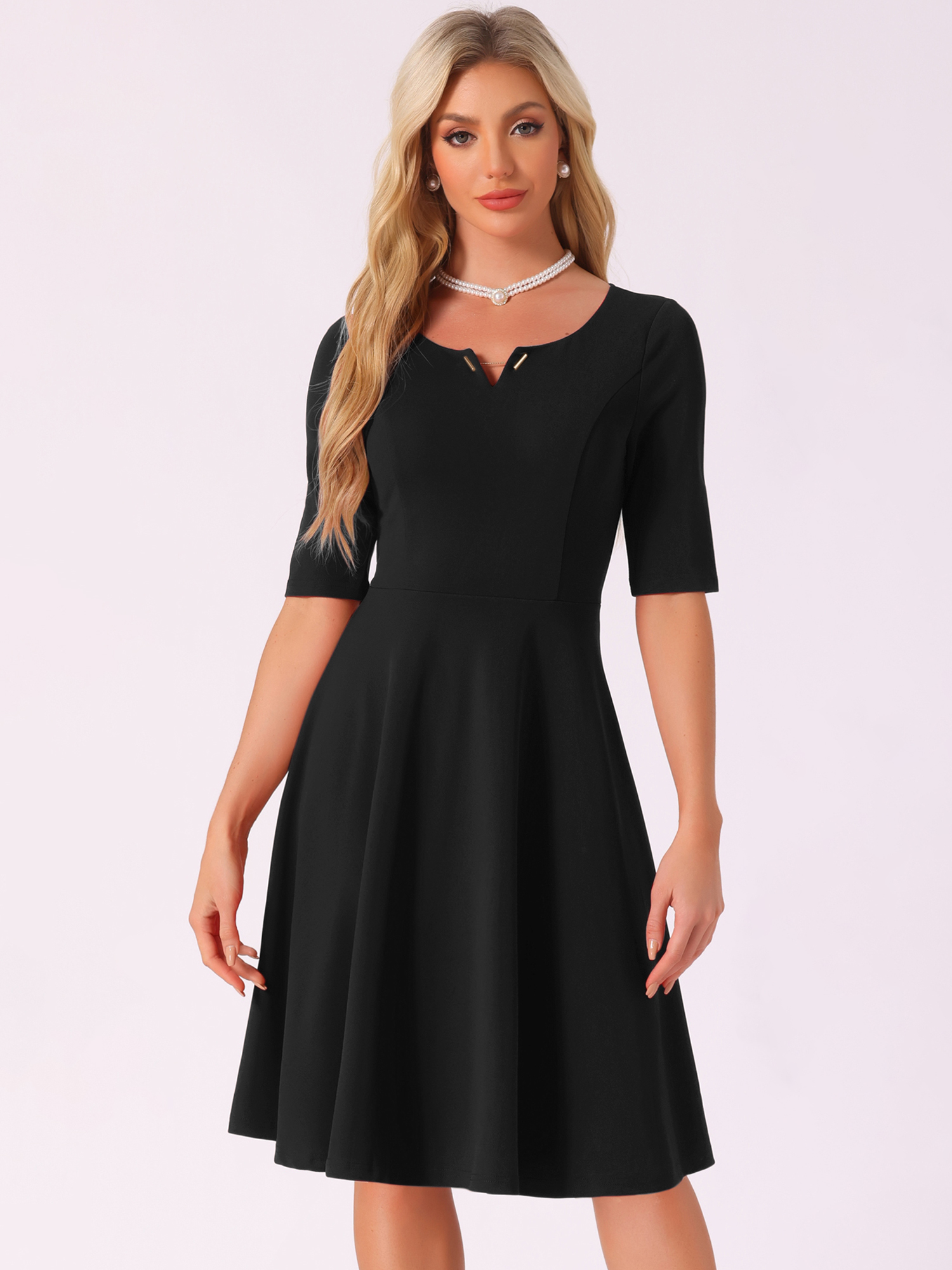 V Neck Half Sleeve Elegant A-Line Midi Dress Black/XS