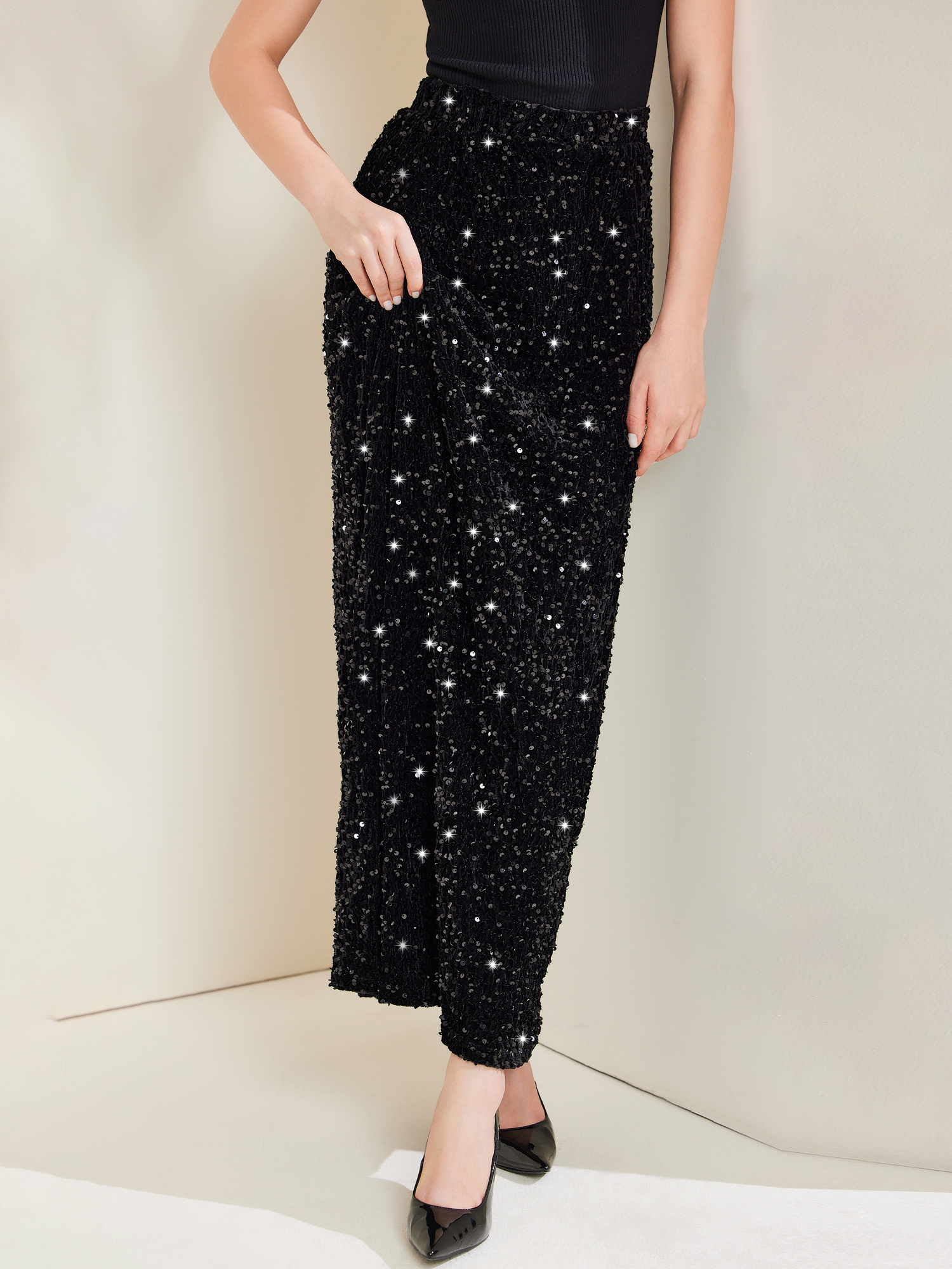 Sequin Velvet Elastic Waist Sparkle Party Maxi Skirt Black/S