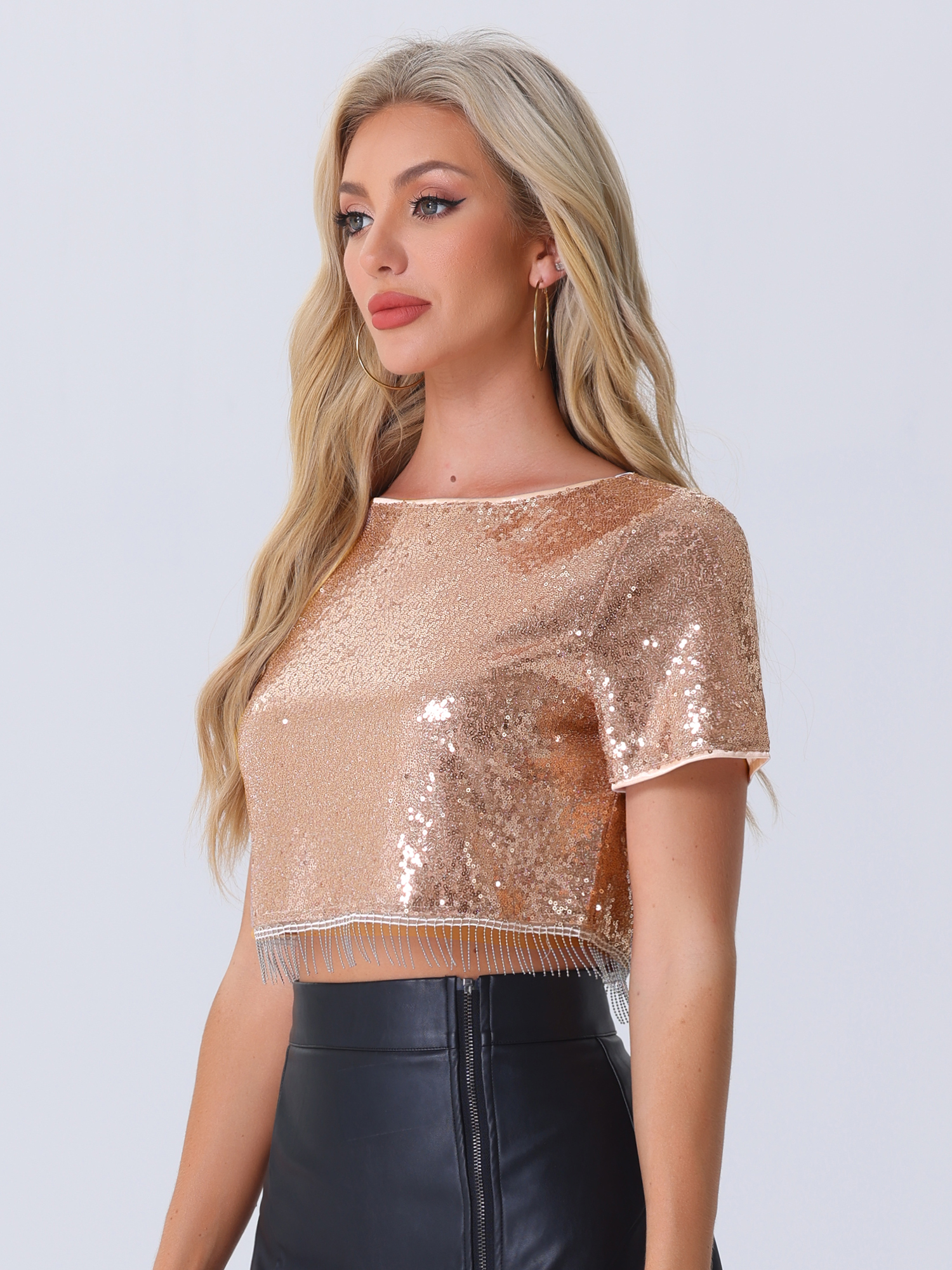 Sequin Glitter Short Sleeve Tassel Cropped Blouse Rose Gold/M
